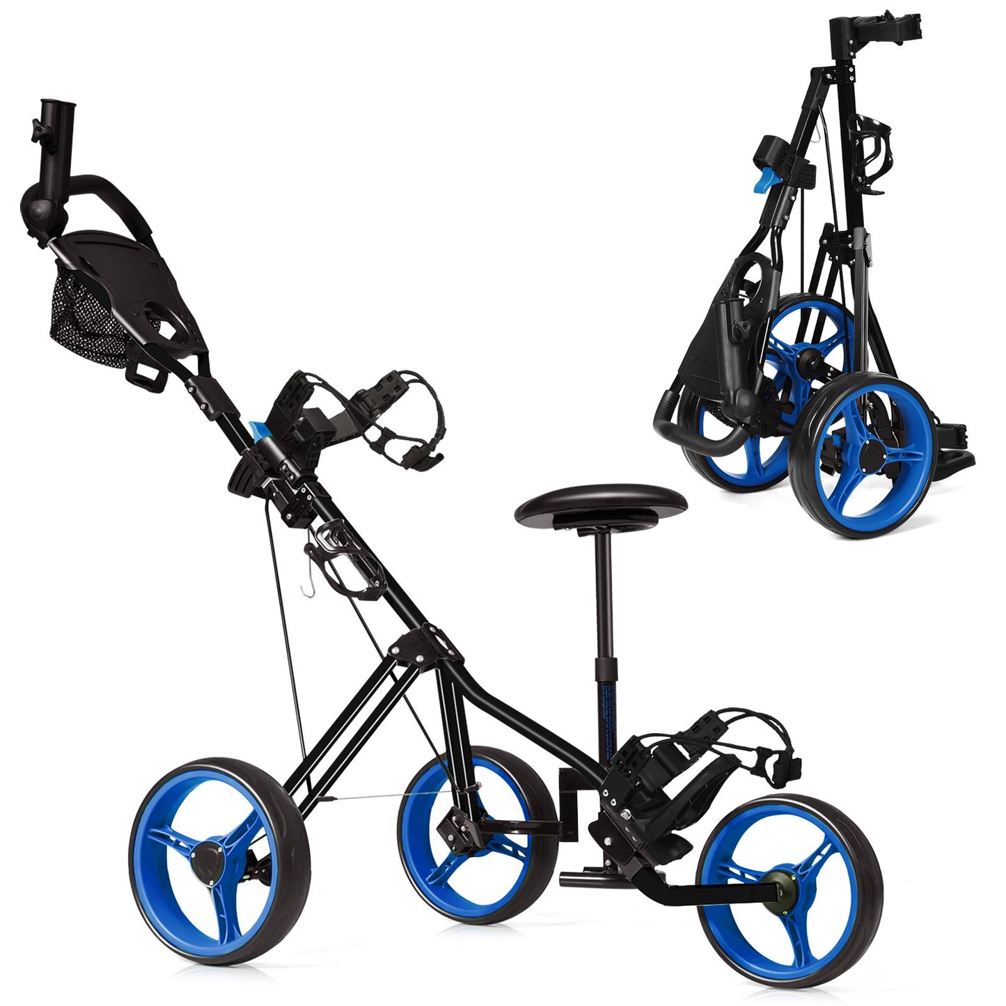 Foldable 3 Wheels Push Pull Golf Trolley with Scoreboard Bag-Green
