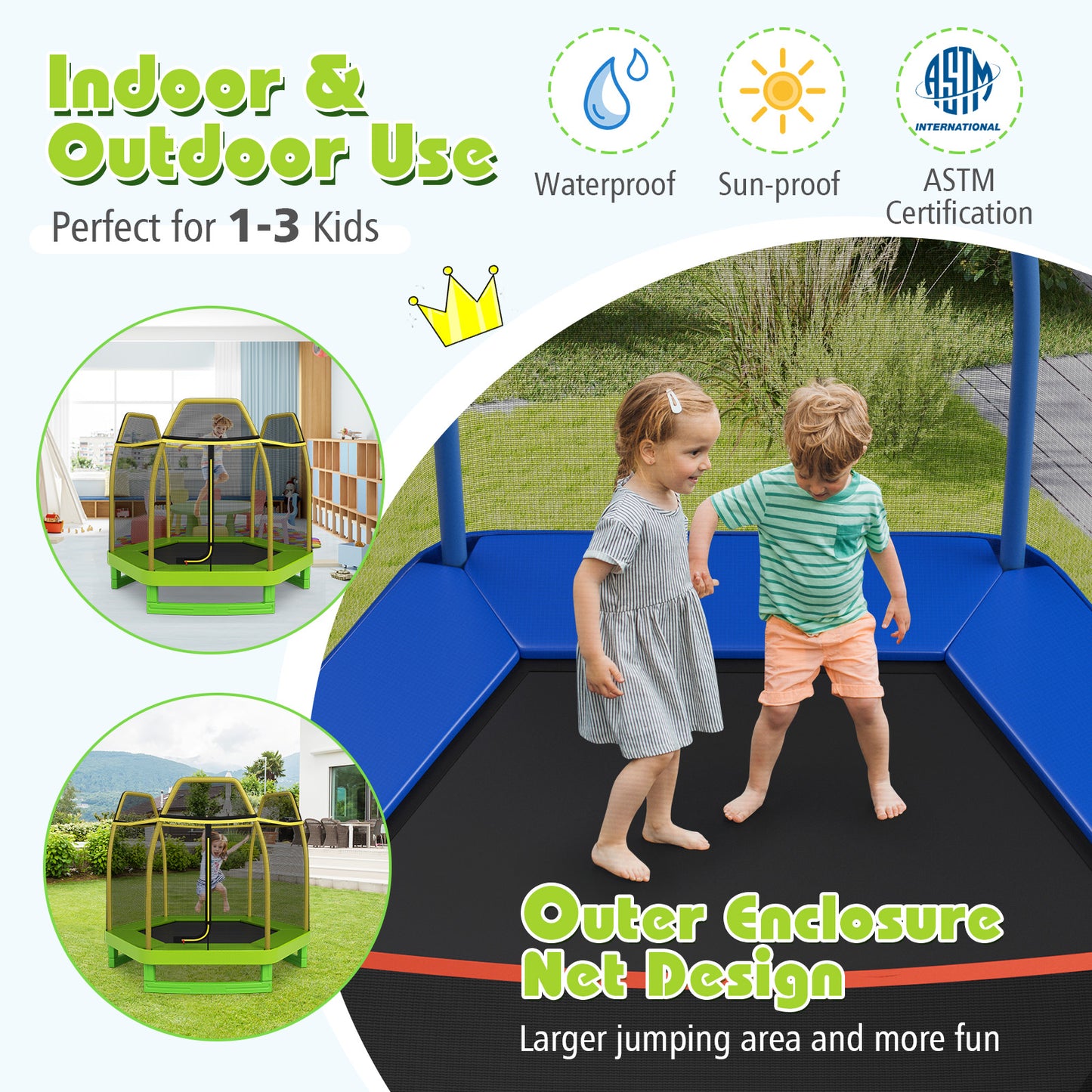 7FT Kids Trampoline with Safety Enclosure Net-Green