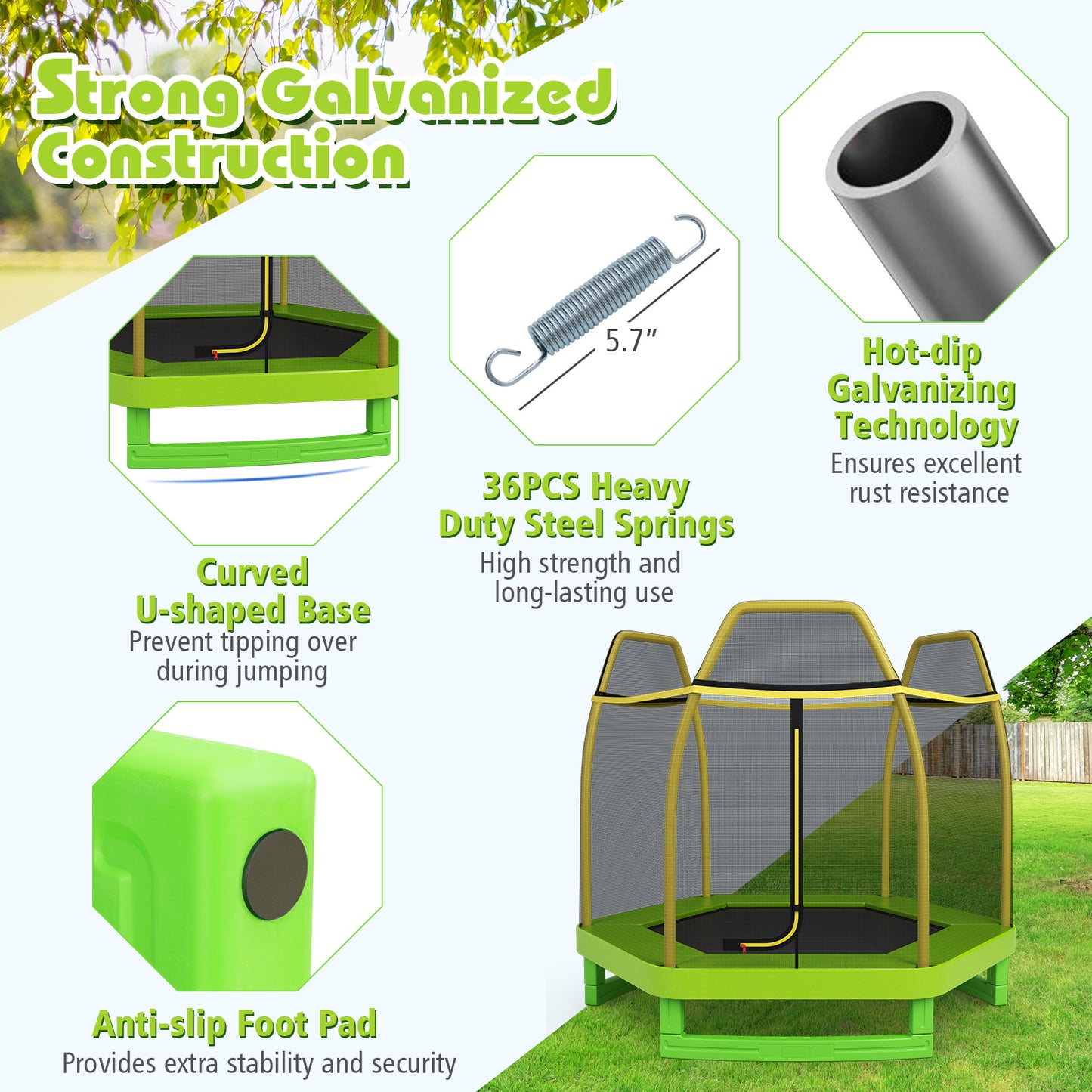 7FT Kids Trampoline with Safety Enclosure Net-Green