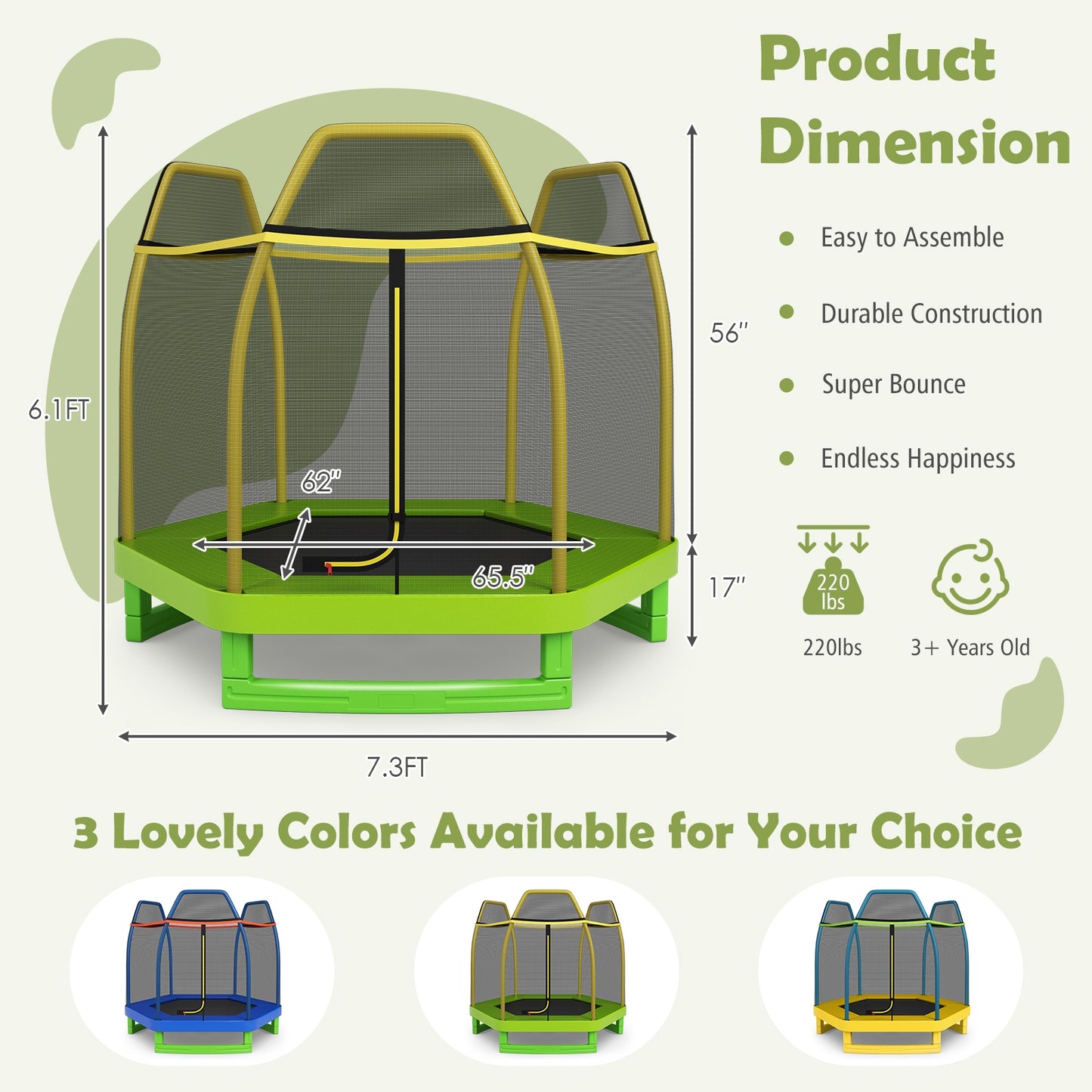 7FT Kids Trampoline with Safety Enclosure Net-Green