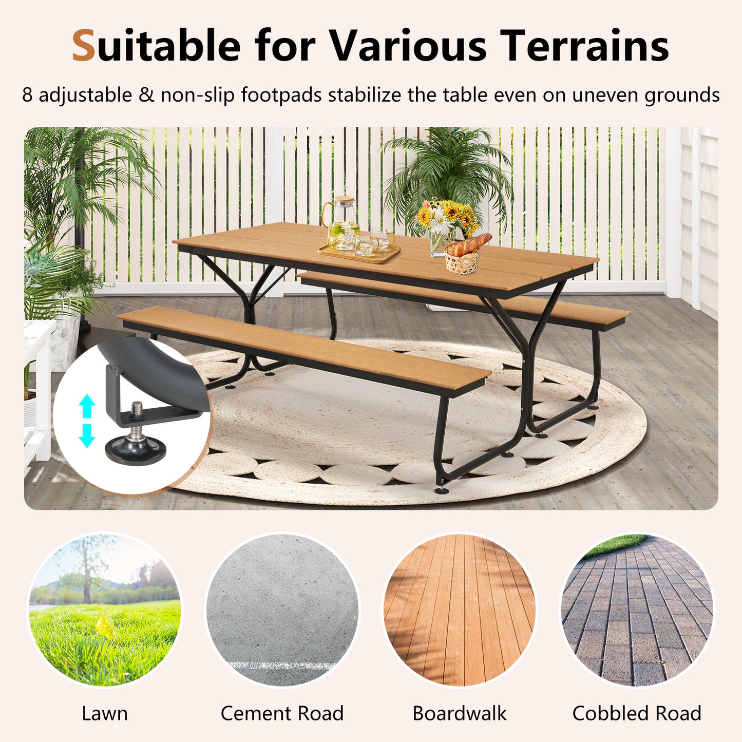6 Feet Outdoor Picnic Table Bench Set for 6-8 People-Brown