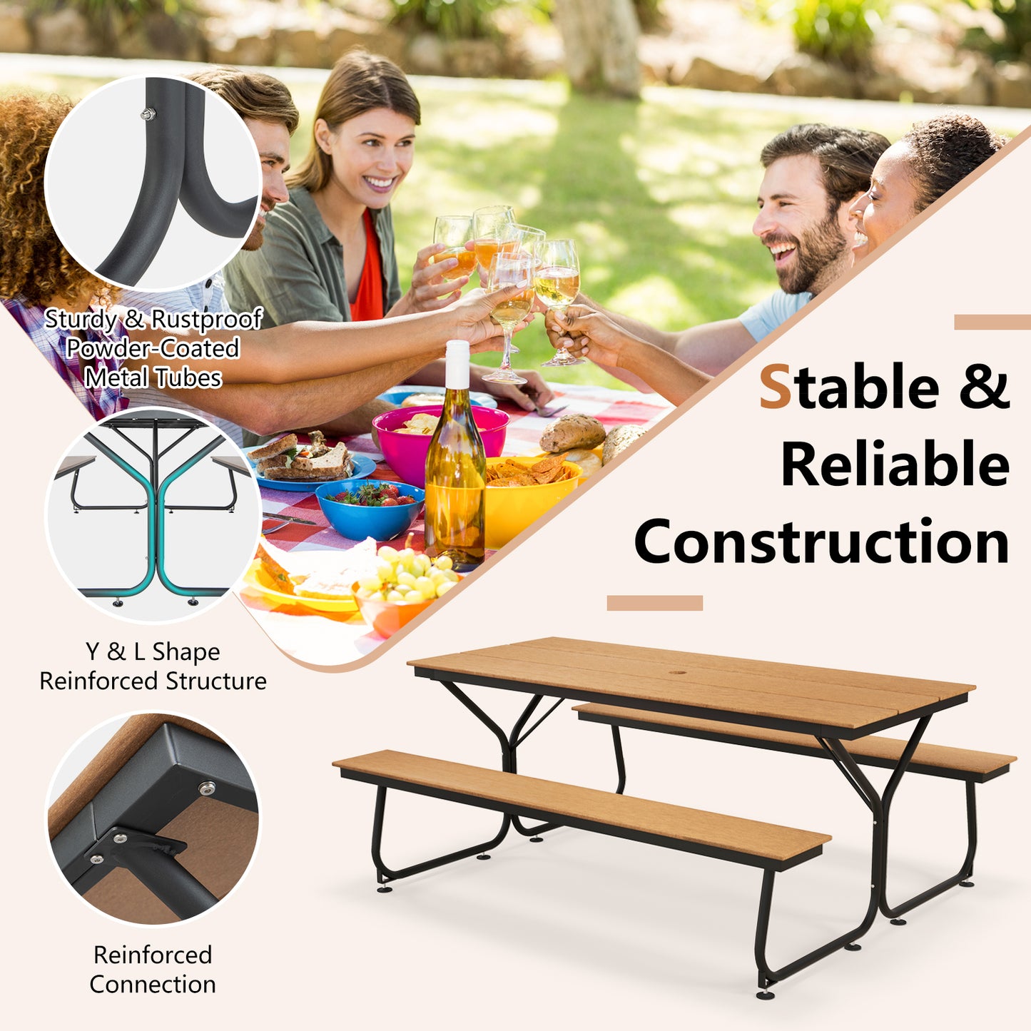 6 Feet Outdoor Picnic Table Bench Set for 6-8 People-Brown