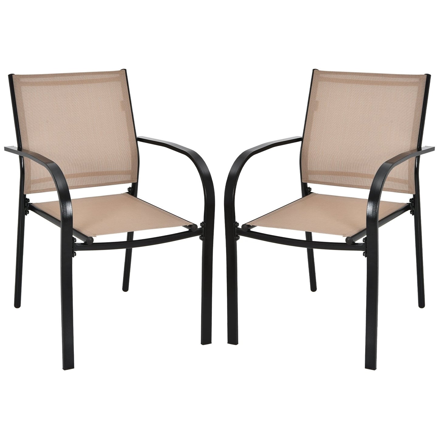 Set of 2 Patio Stackable Dining Chairs with Armrests Garden Deck-Brown