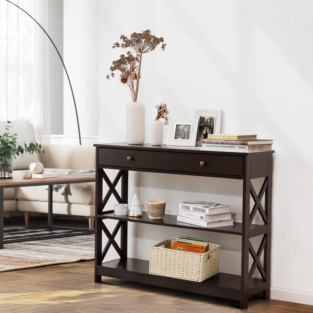 Console Table 3-Tier with Drawer and Storage Shelves-Black