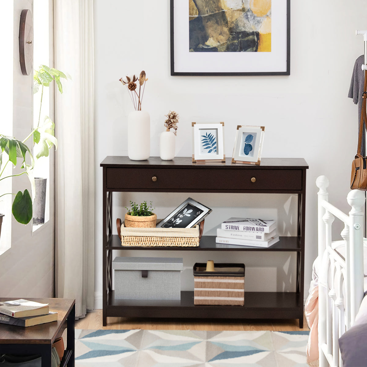 Console Table 3-Tier with Drawer and Storage Shelves-Black