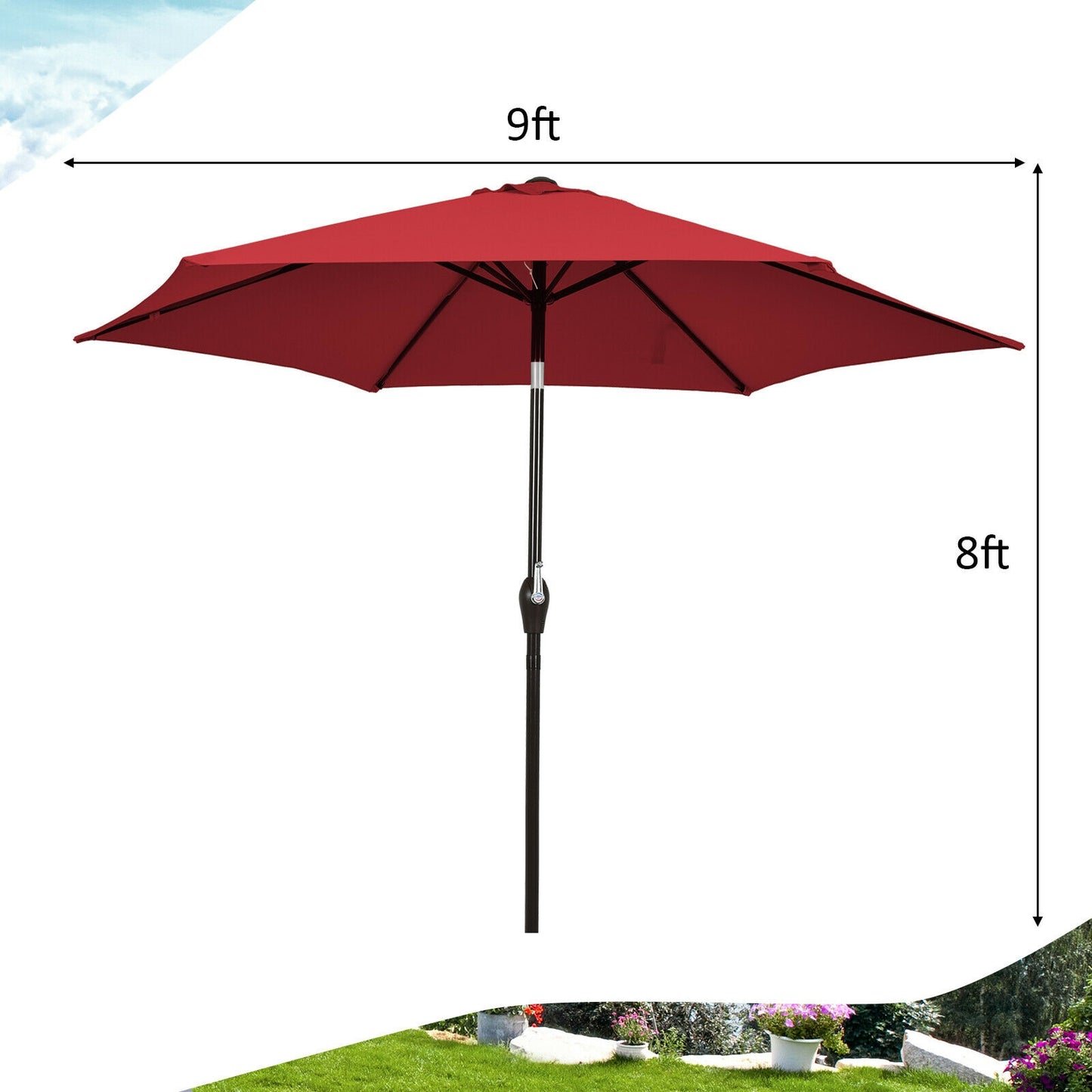 9FT Patio Umbrella Patio Market Steel Tilt W/ Crank Outdoor Yard Garden-Burgundy - Direct by Wilsons Home Store