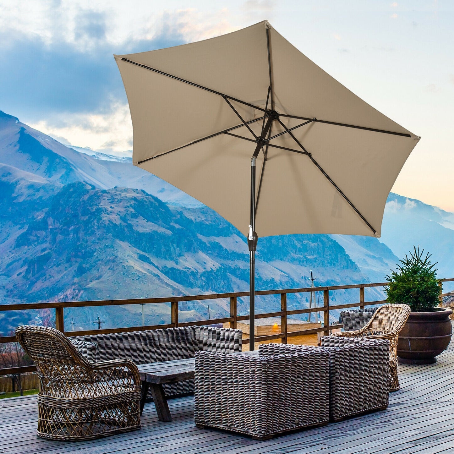 9FT Patio Umbrella Patio Market Steel Tilt W/ Crank Outdoor Yard Garden-Tan