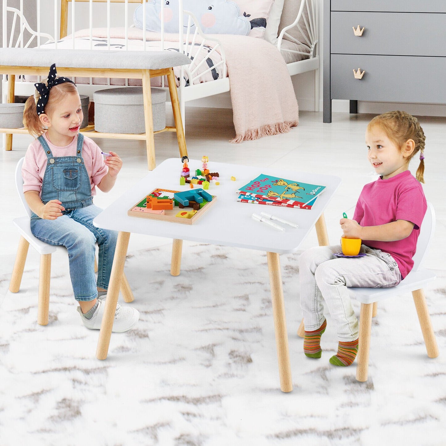 3 Pieces Kids Table and Chairs Set for Arts Crafts Snack Time-Gray