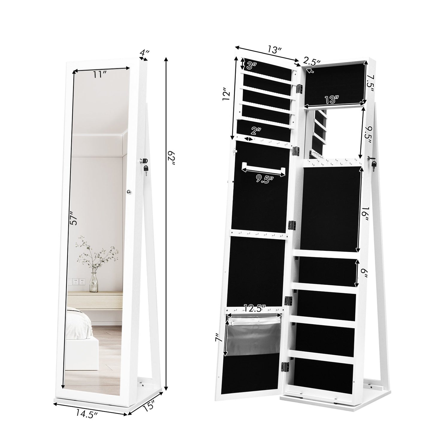 Standing Lockable Jewelry Storage Organizer with Full-Length Mirror-Black