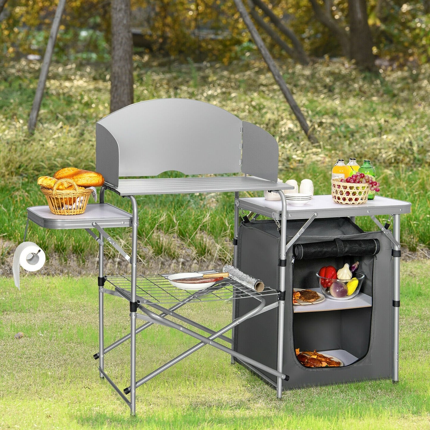 Foldable Outdoor BBQ Portable Grilling Table With Windscreen Bag
