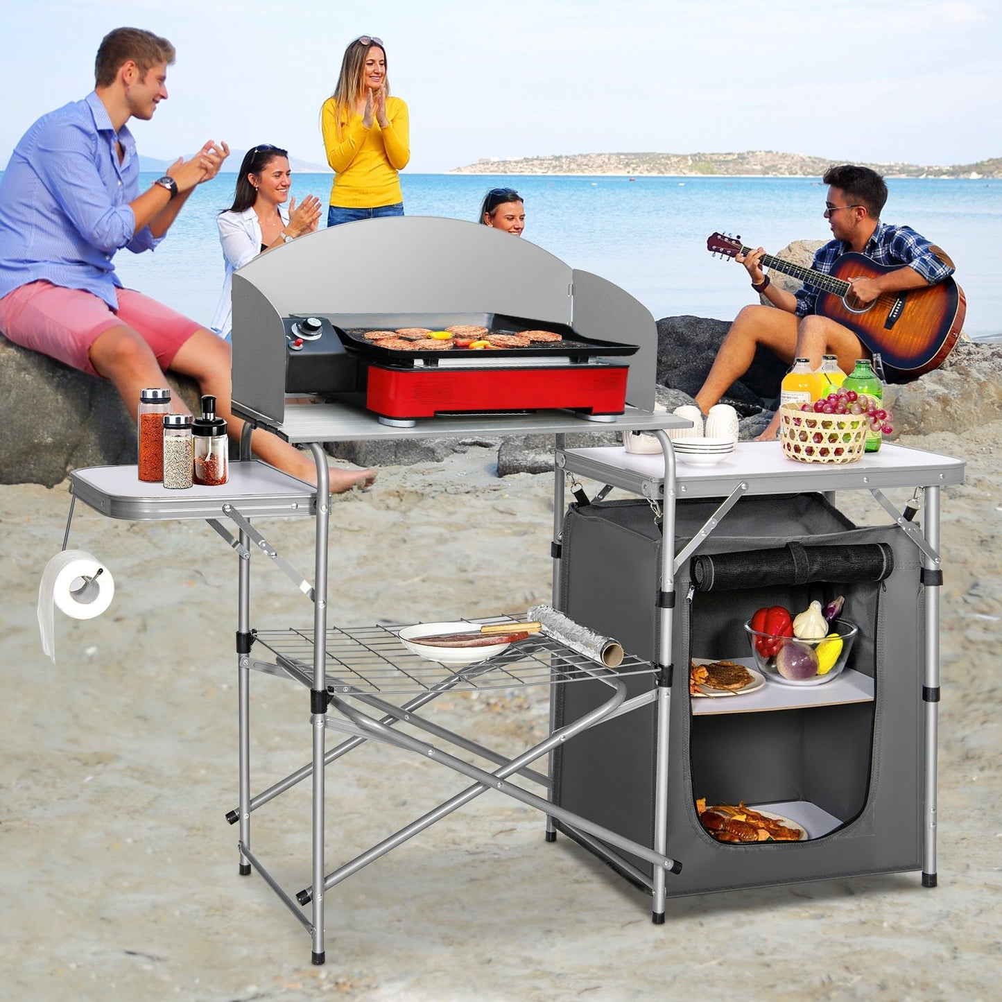 Foldable Outdoor BBQ Portable Grilling Table With Windscreen Bag