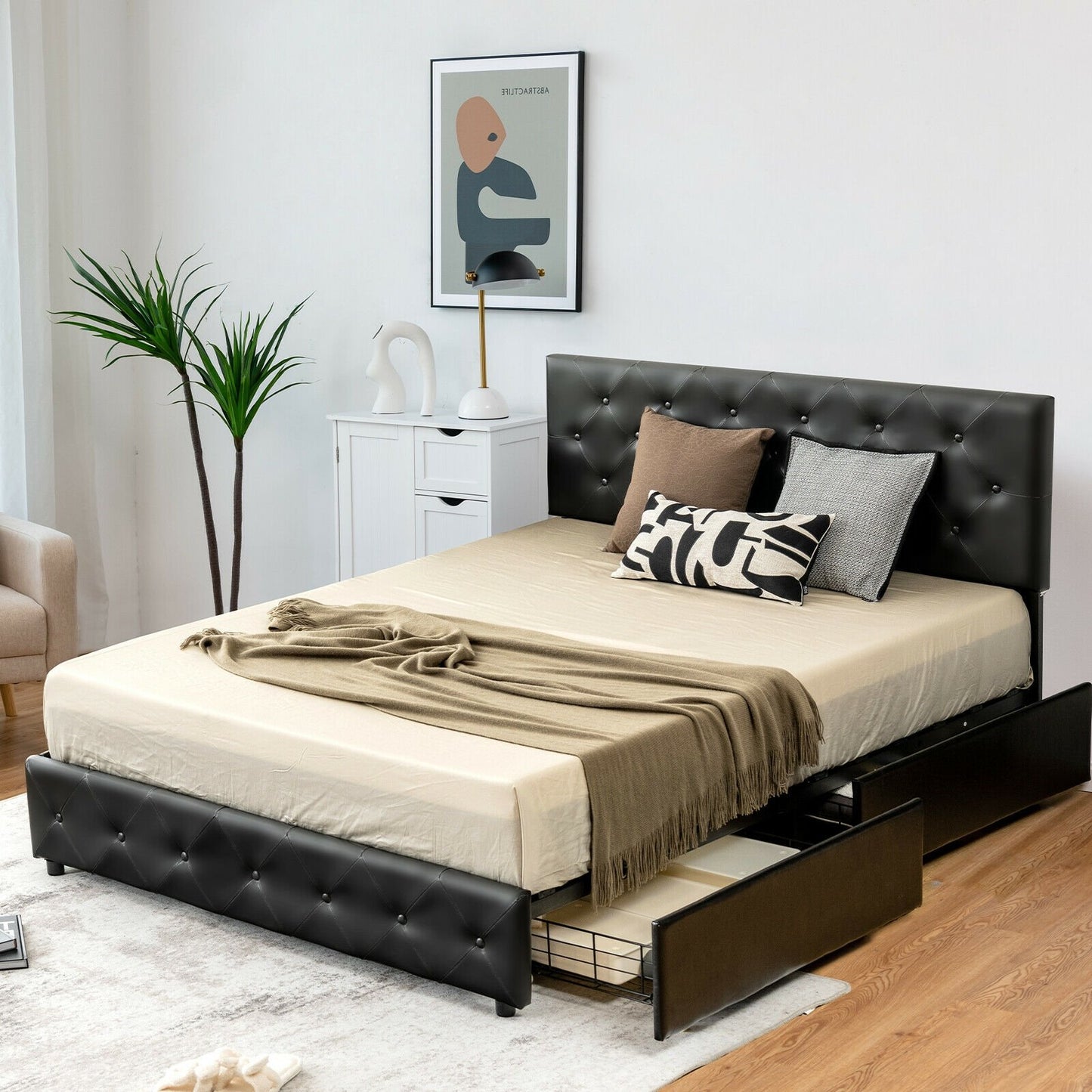 Full/Queen PU Leather Upholstered Platform Bed with 4 Drawers-Full Size