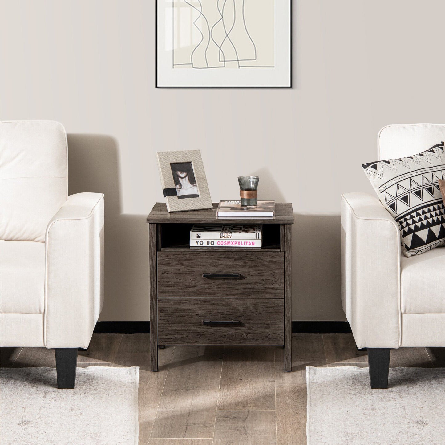 Modern Wood Grain Nightstand with Cable Hole and Open Compartment-Natural