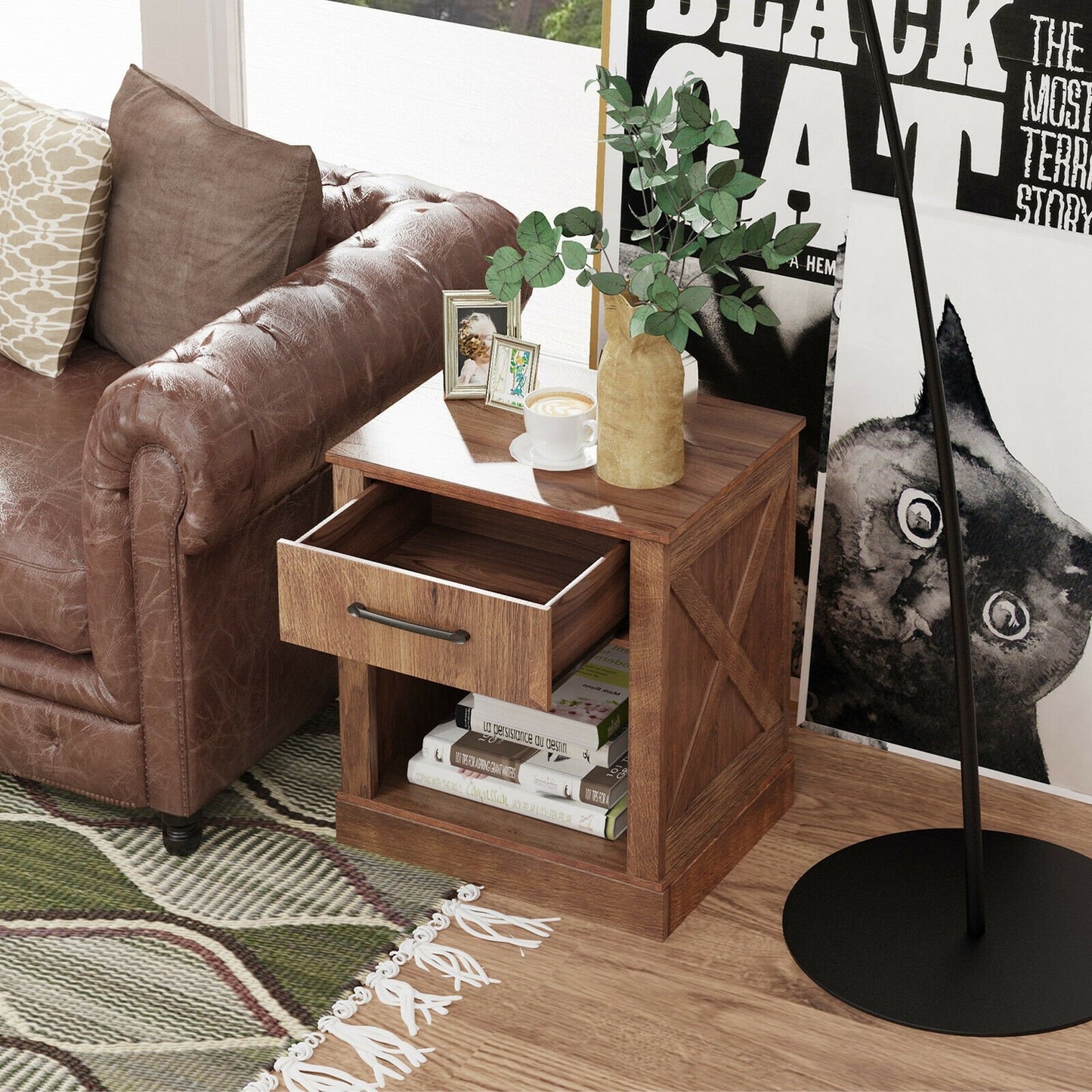 Compact Nightstand with Drawer and Shelf-Black
