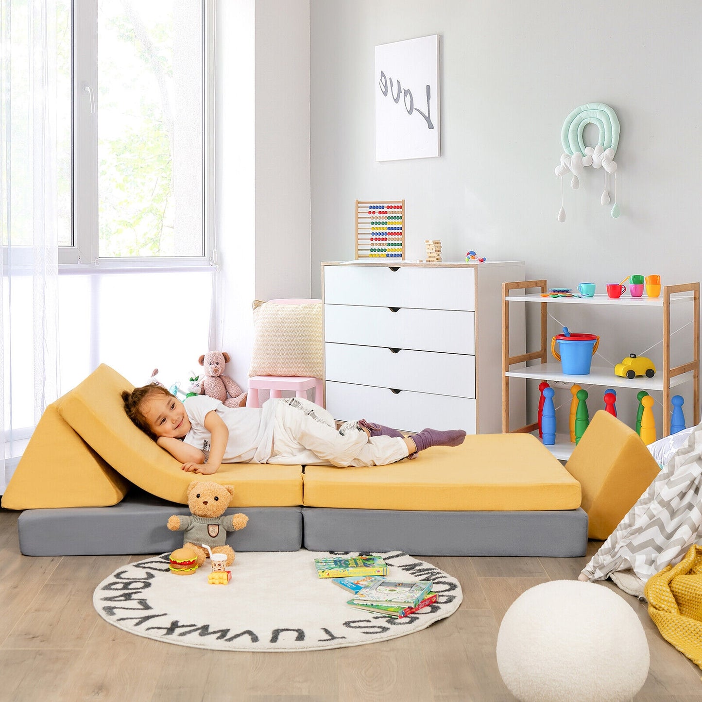 4 Pieces Convertible Kids Couch Set with 2 Folding Mats-Yellow