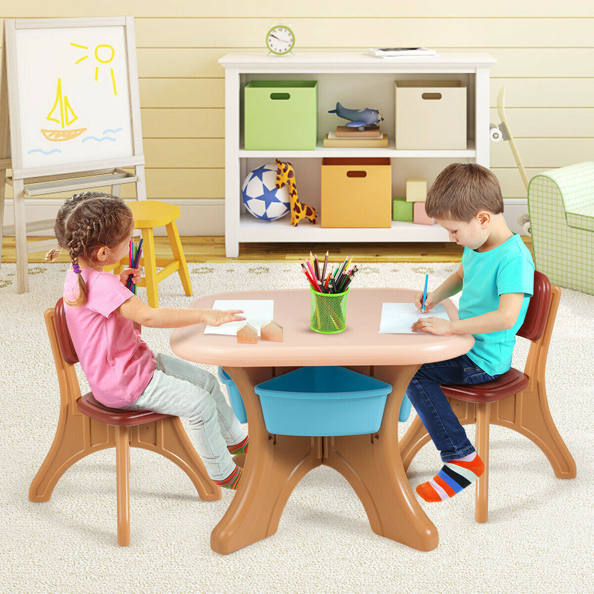 Children Kids Activity Table & Chair Set Play Furniture W/Storage-Blue