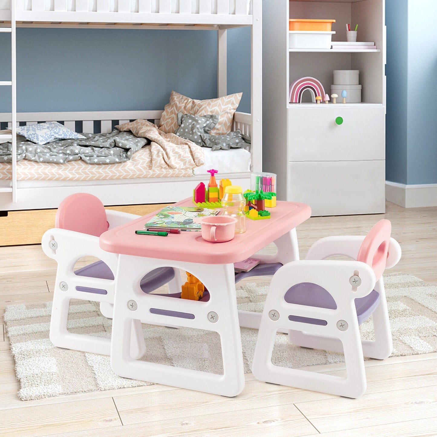 Kids Table and Chair Set with Building Blocks-Gray