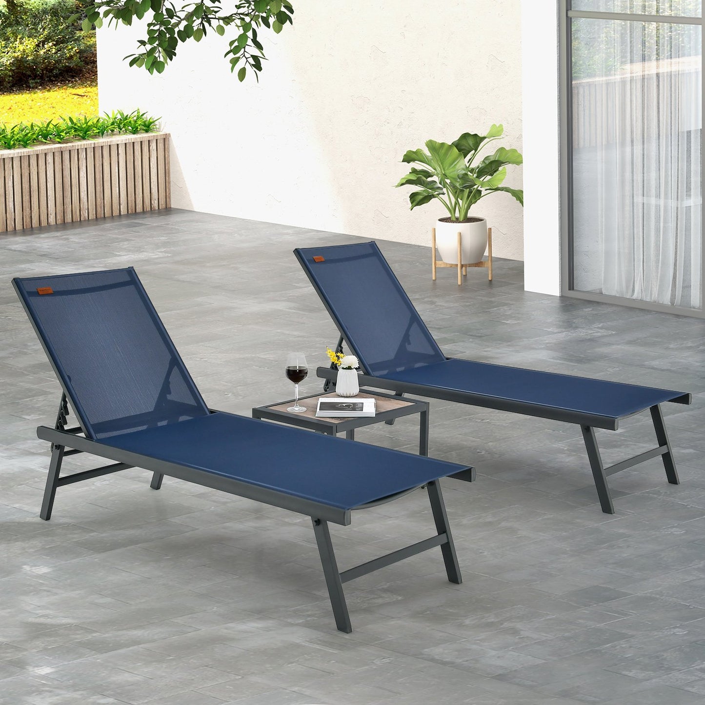 3 Pieces Patio Chaise Lounge Chair and Table Set for Poolside Yard-Black