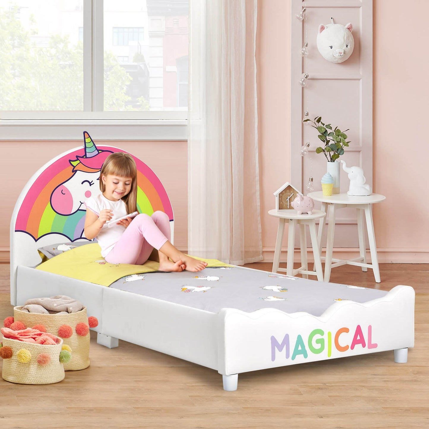 Children Twin Size Upholstered Platform Single Bed