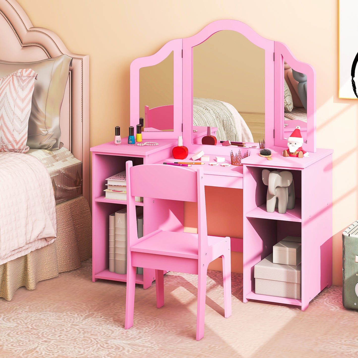 Kids Vanity Table and Chair Set with Removable Tri-Folding Mirror-Pink