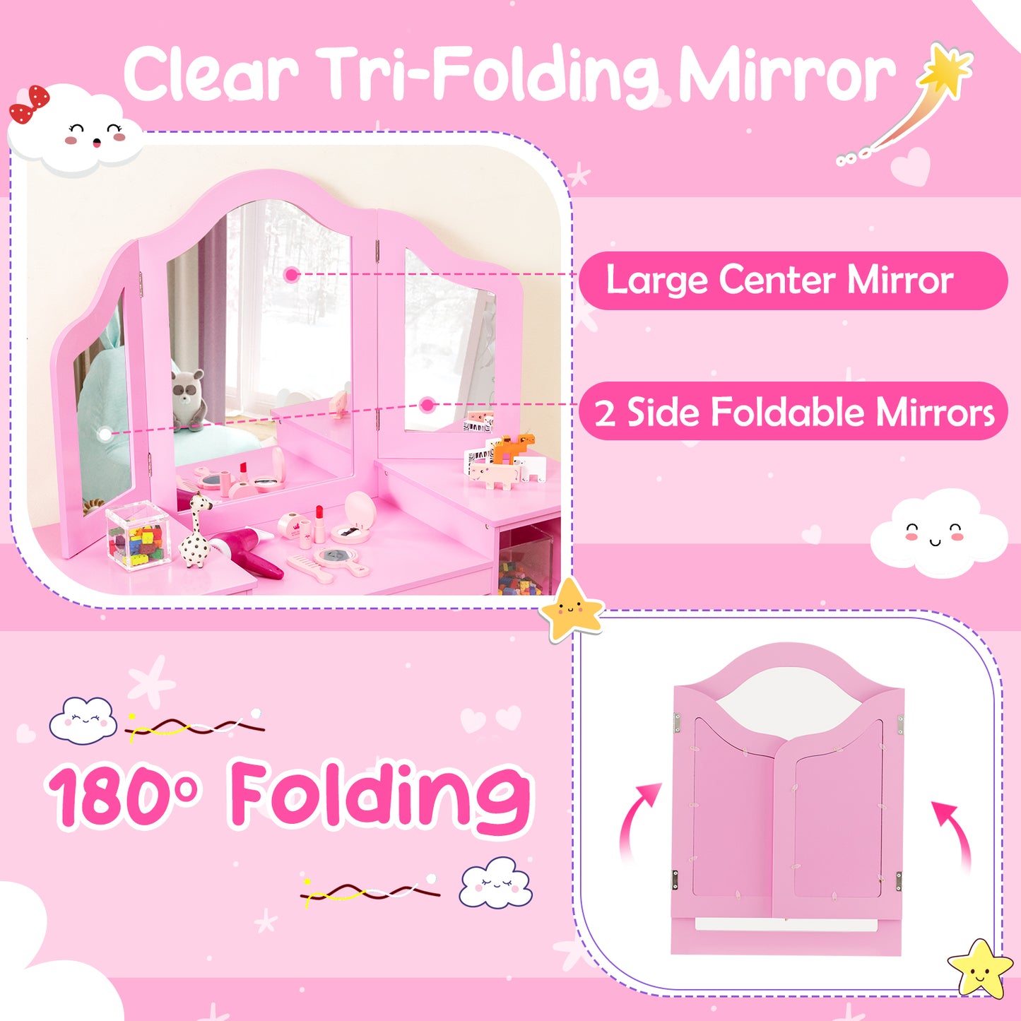 Kids Vanity Table and Chair Set with Removable Tri-Folding Mirror-Pink