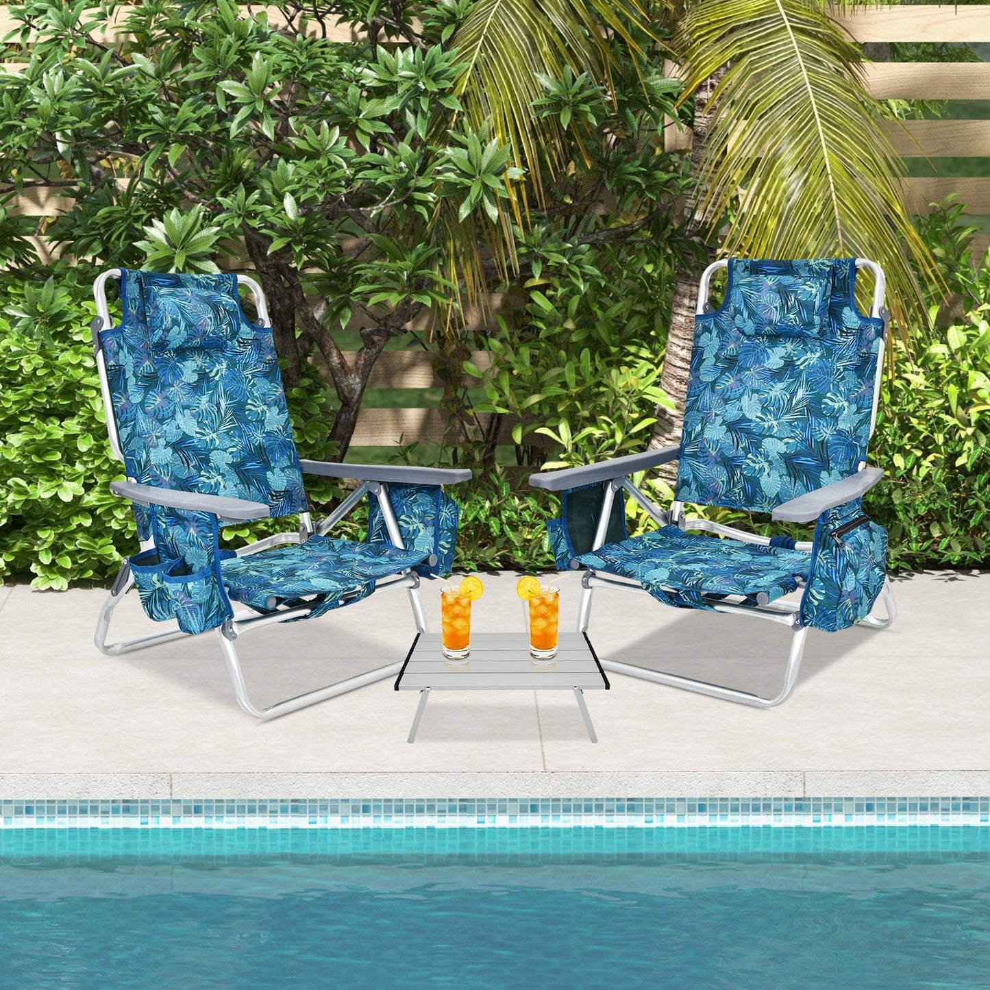 2 Packs 5-Position Outdoor Folding Backpack Beach Table Chair Reclining Chair Set-Blue