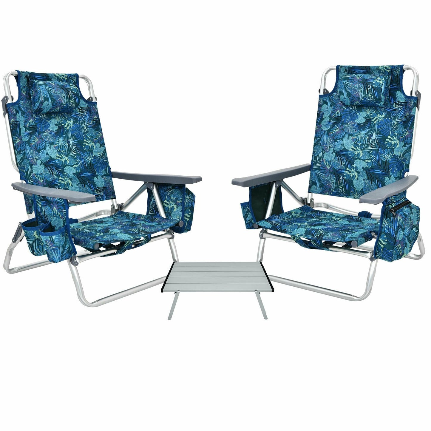 2 Packs 5-Position Outdoor Folding Backpack Beach Table Chair Reclining Chair Set-Blue