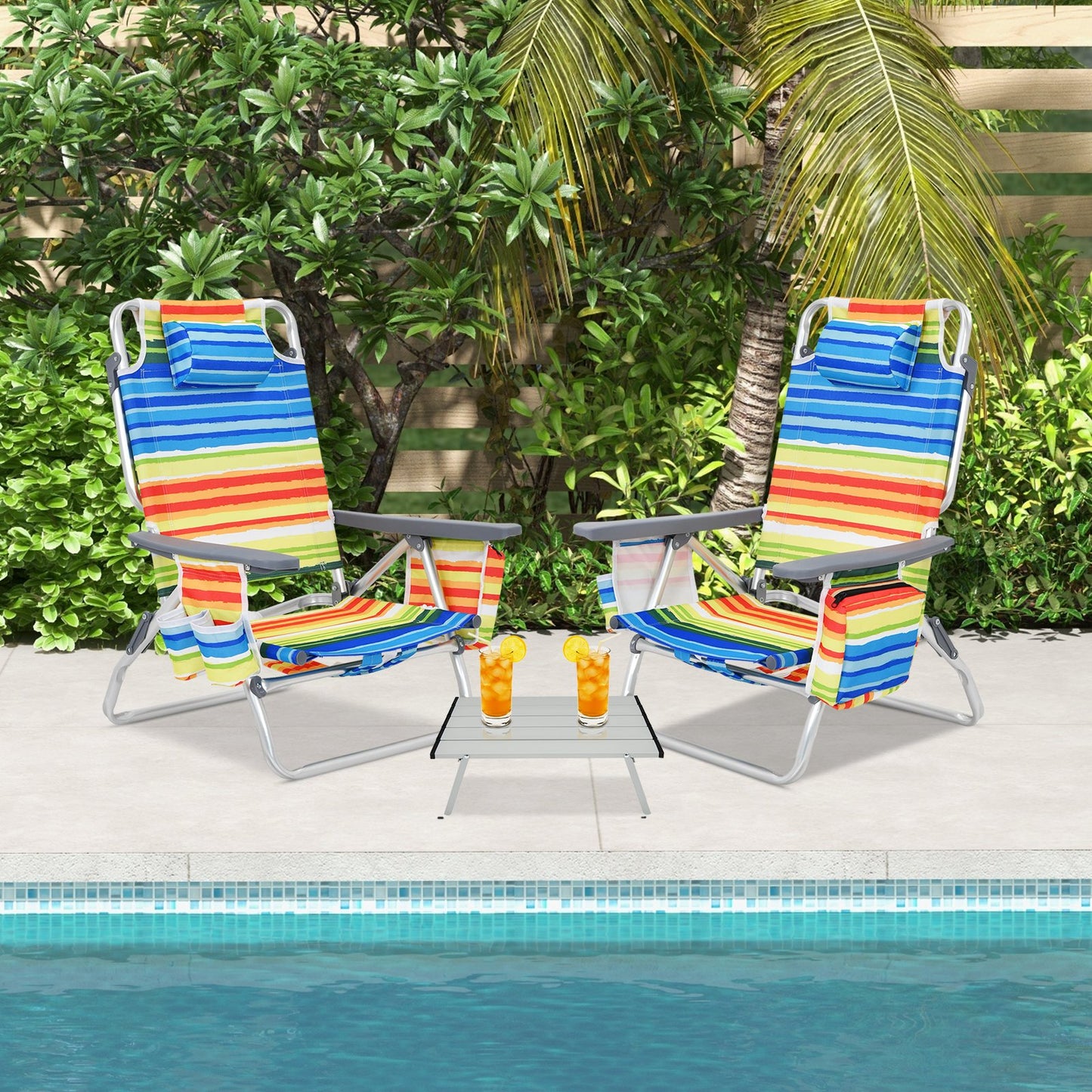 2 Packs 5-Position Outdoor Folding Backpack Beach Table Chair Reclining Chair Set-Blue