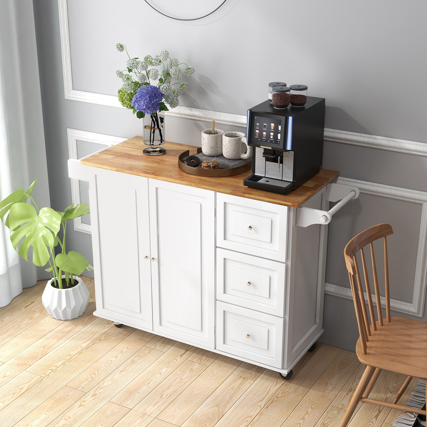 Falling Leaf Kitchen Island Trolley Cart Wood Storage Cabinet