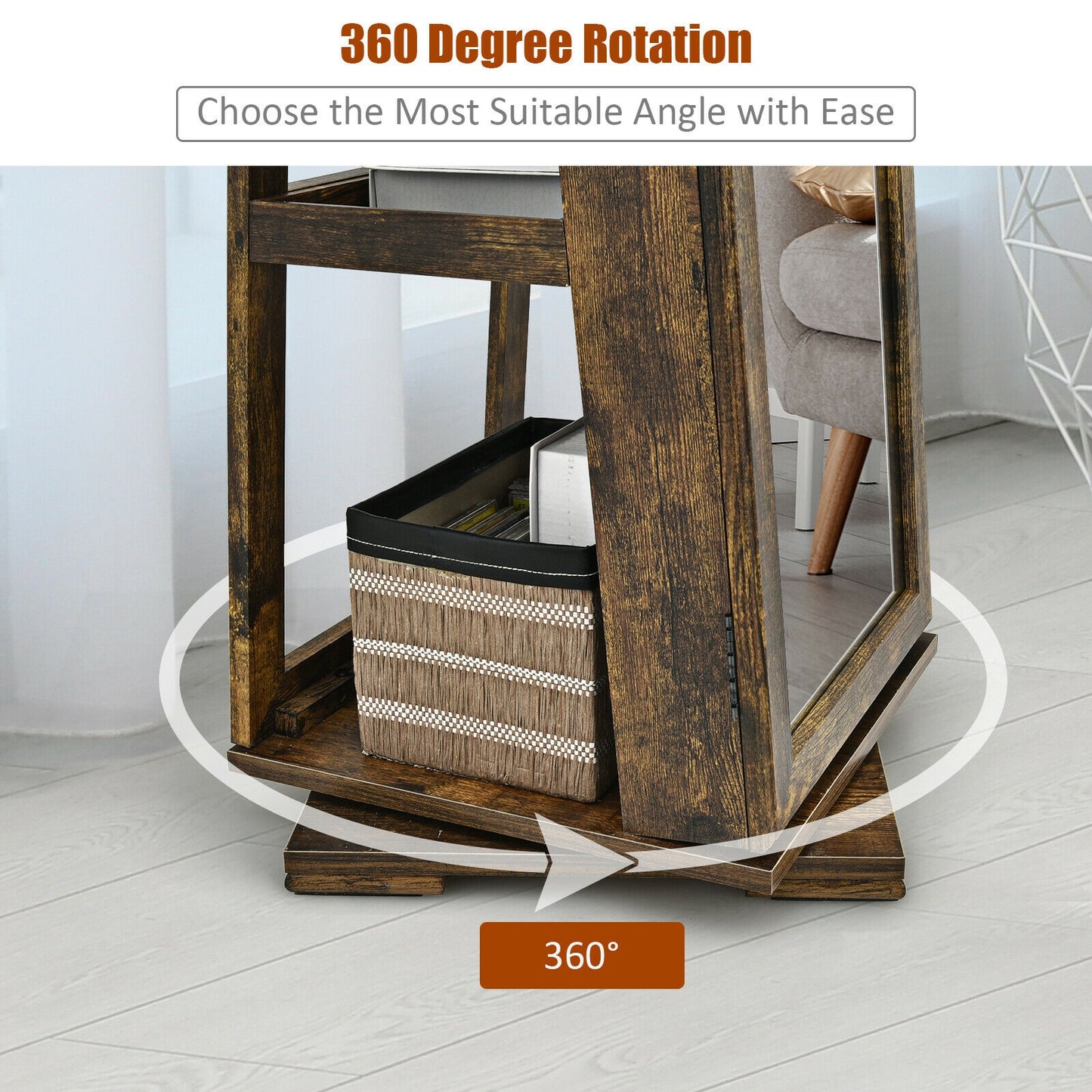 360° Rotatable Armoire 2-in-1 Lockable Mirrored Jewelry Cabinet-Rustic Brown