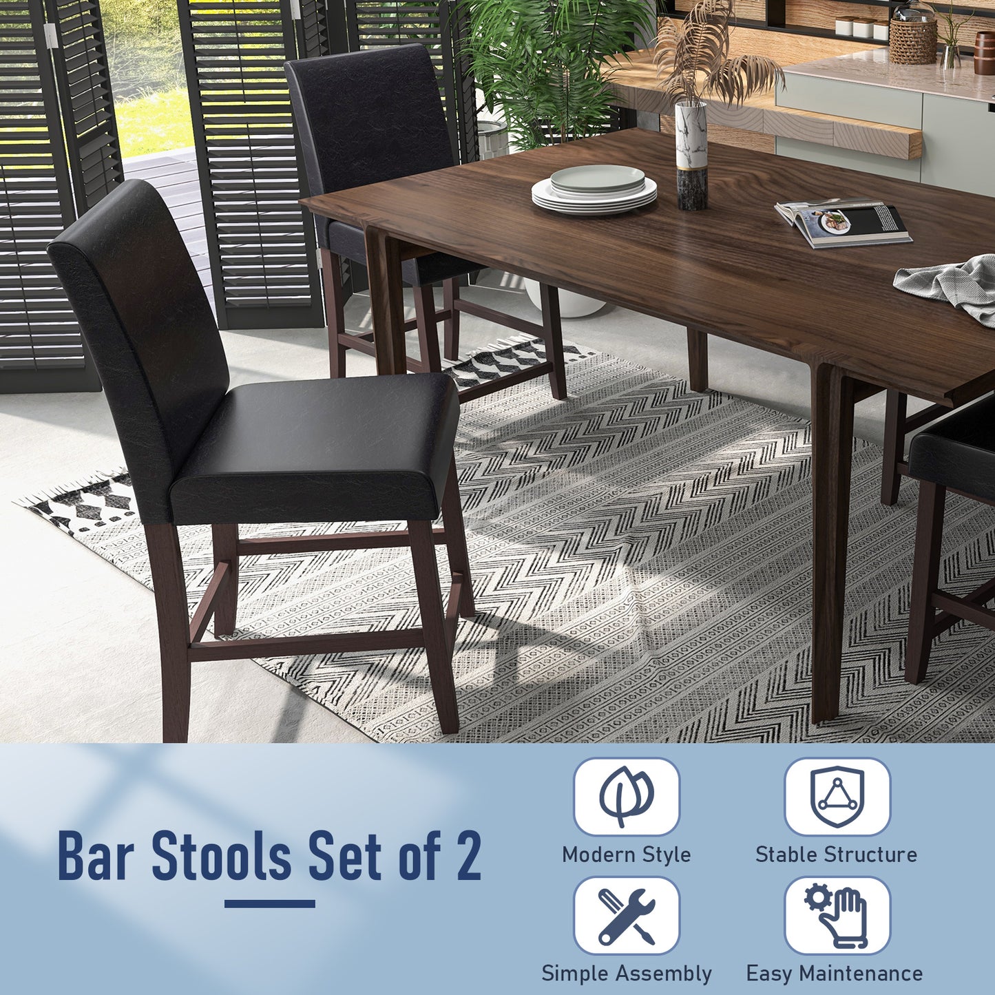 25 Inch Counter Height Set of 2 Bar Stools-Black
