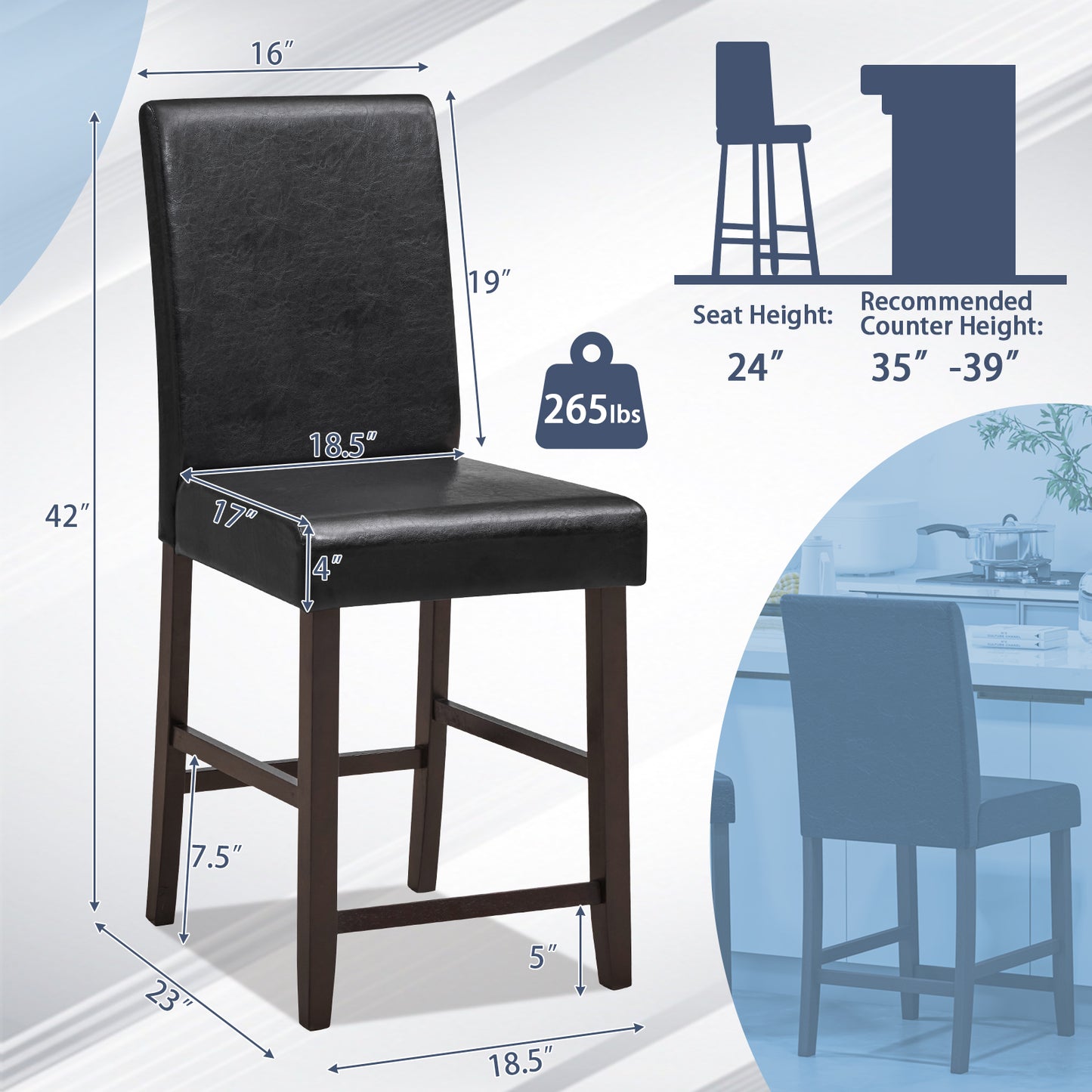 25 Inch Counter Height Set of 2 Bar Stools-Black