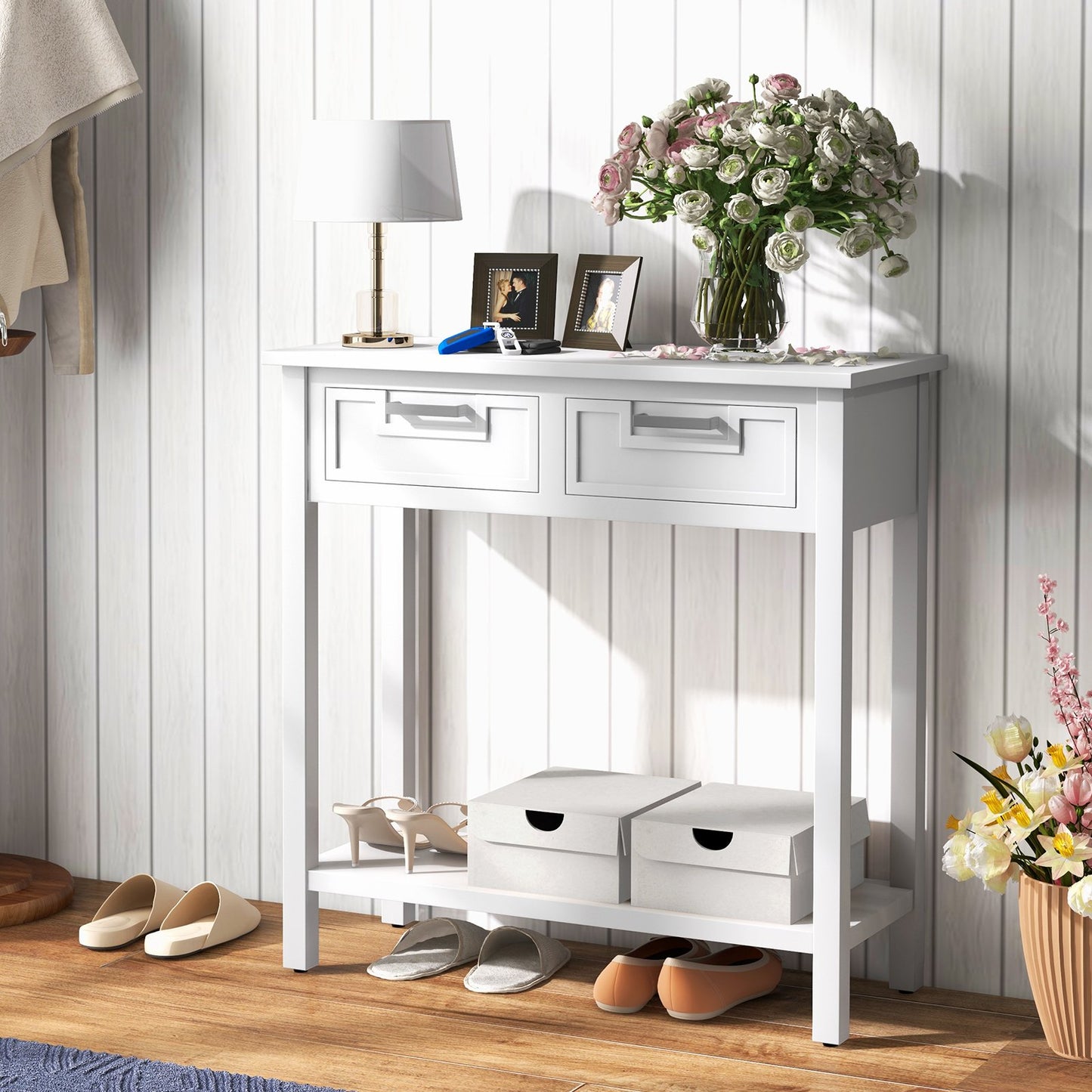 Narrow Console Table with Drawers and Open Storage Shelf-Black