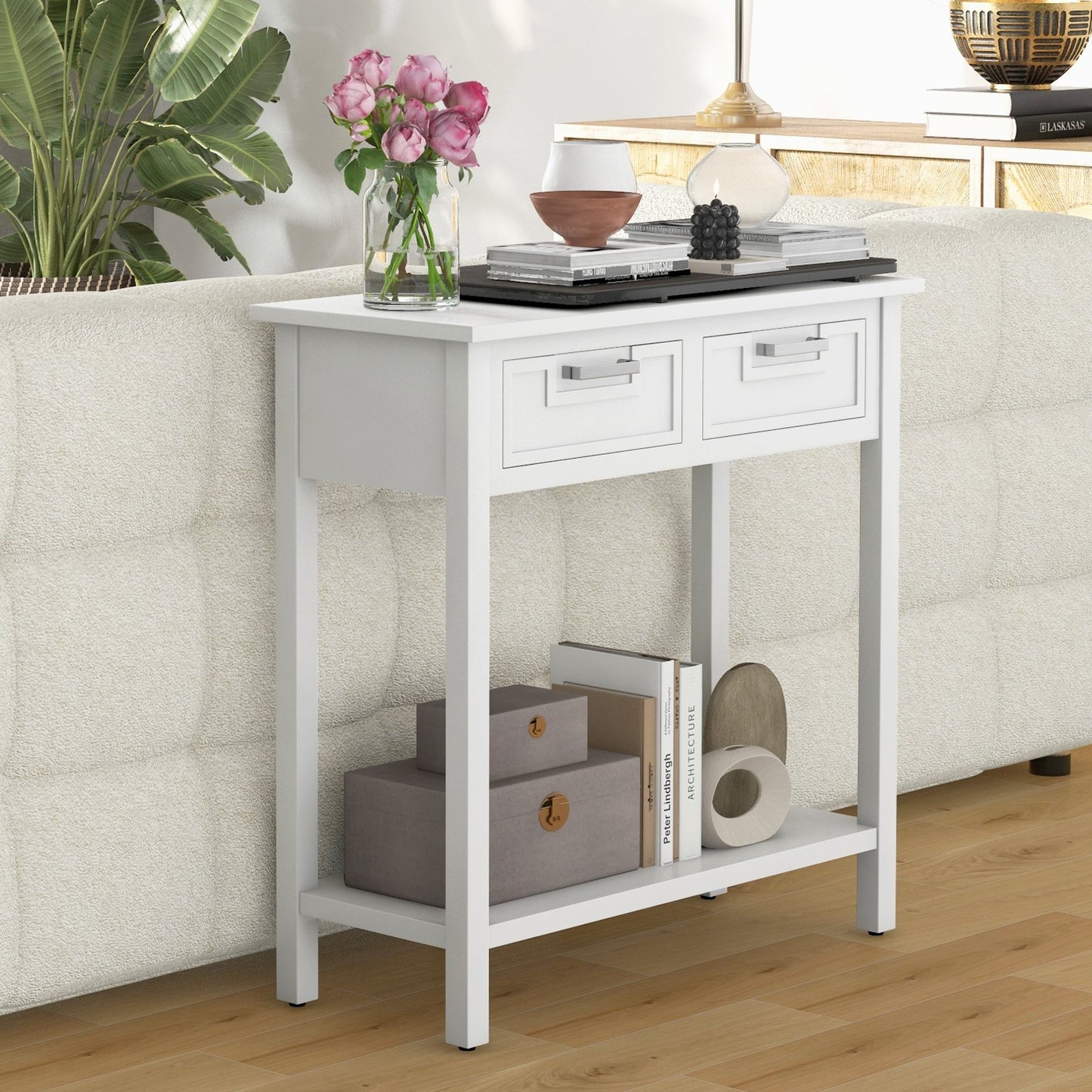Narrow Console Table with Drawers and Open Storage Shelf-Black