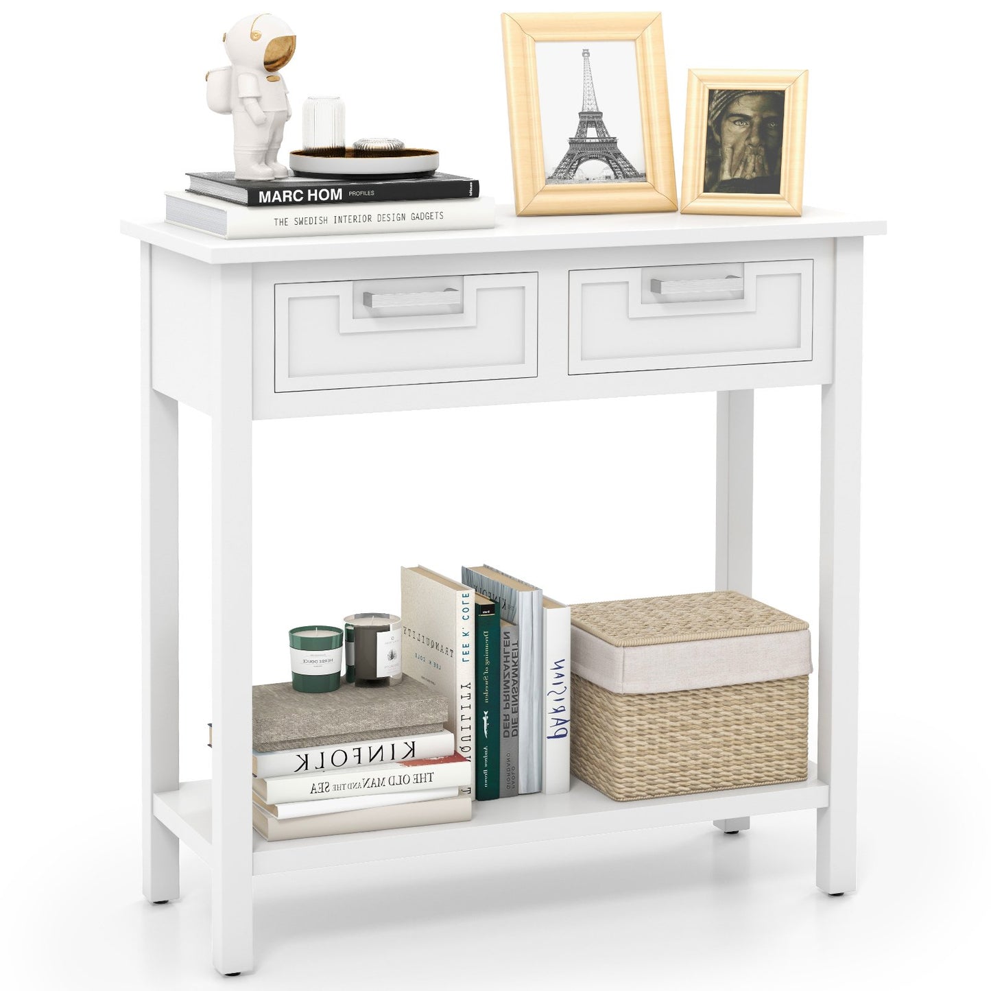 Narrow Console Table with Drawers and Open Storage Shelf-Black