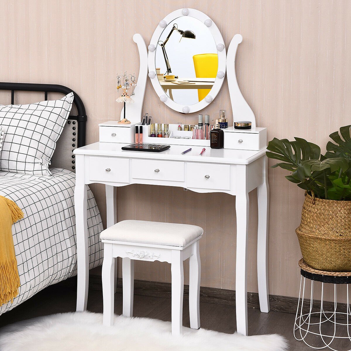 10 Dimmable Lights Vanity Table Set with Lighted Mirror and Cushioned Stool-Black
