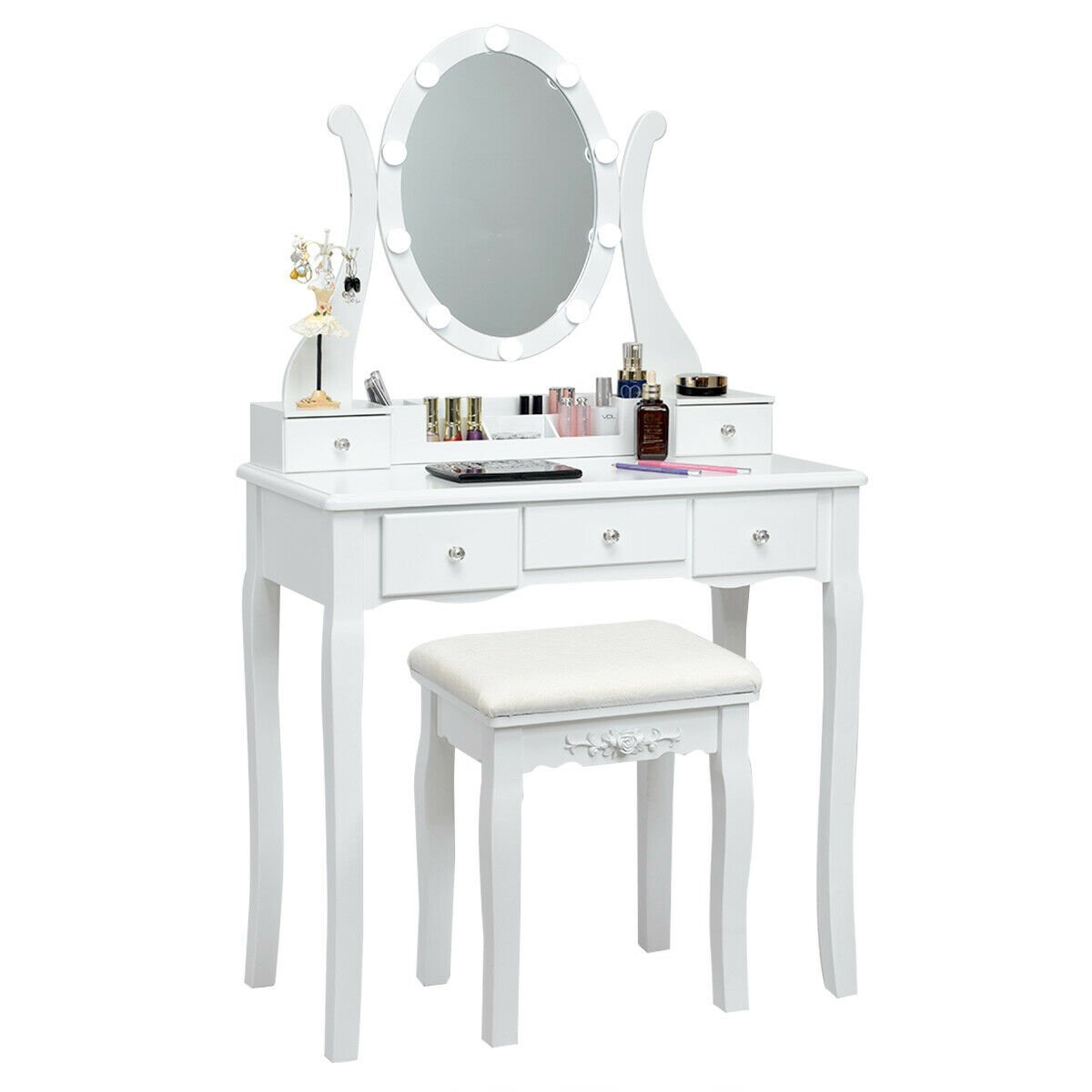 10 Dimmable Lights Vanity Table Set with Lighted Mirror and Cushioned Stool-Black