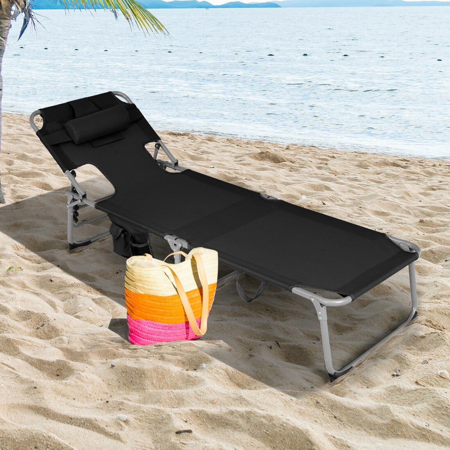 Folding Beach Lounge Chair with Pillow for Outdoor-Beige