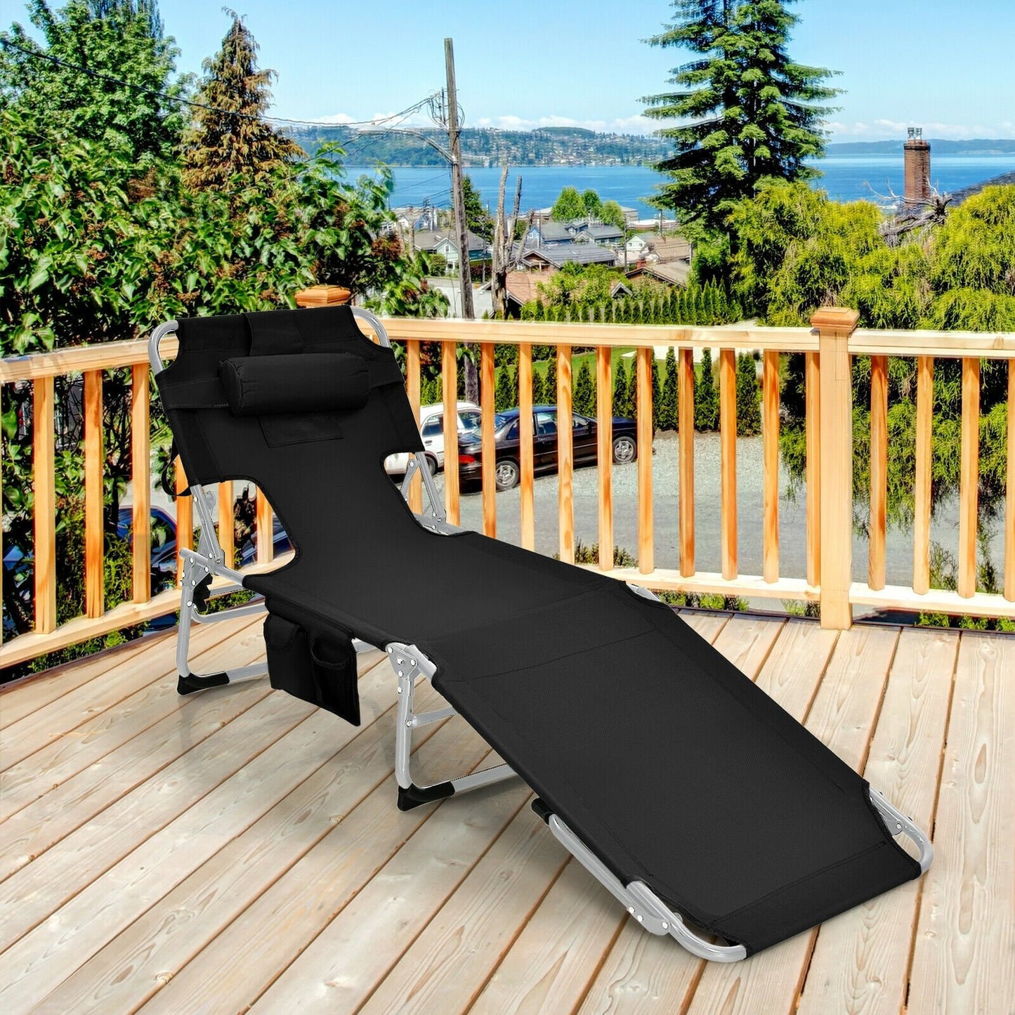 Folding Beach Lounge Chair with Pillow for Outdoor-Beige