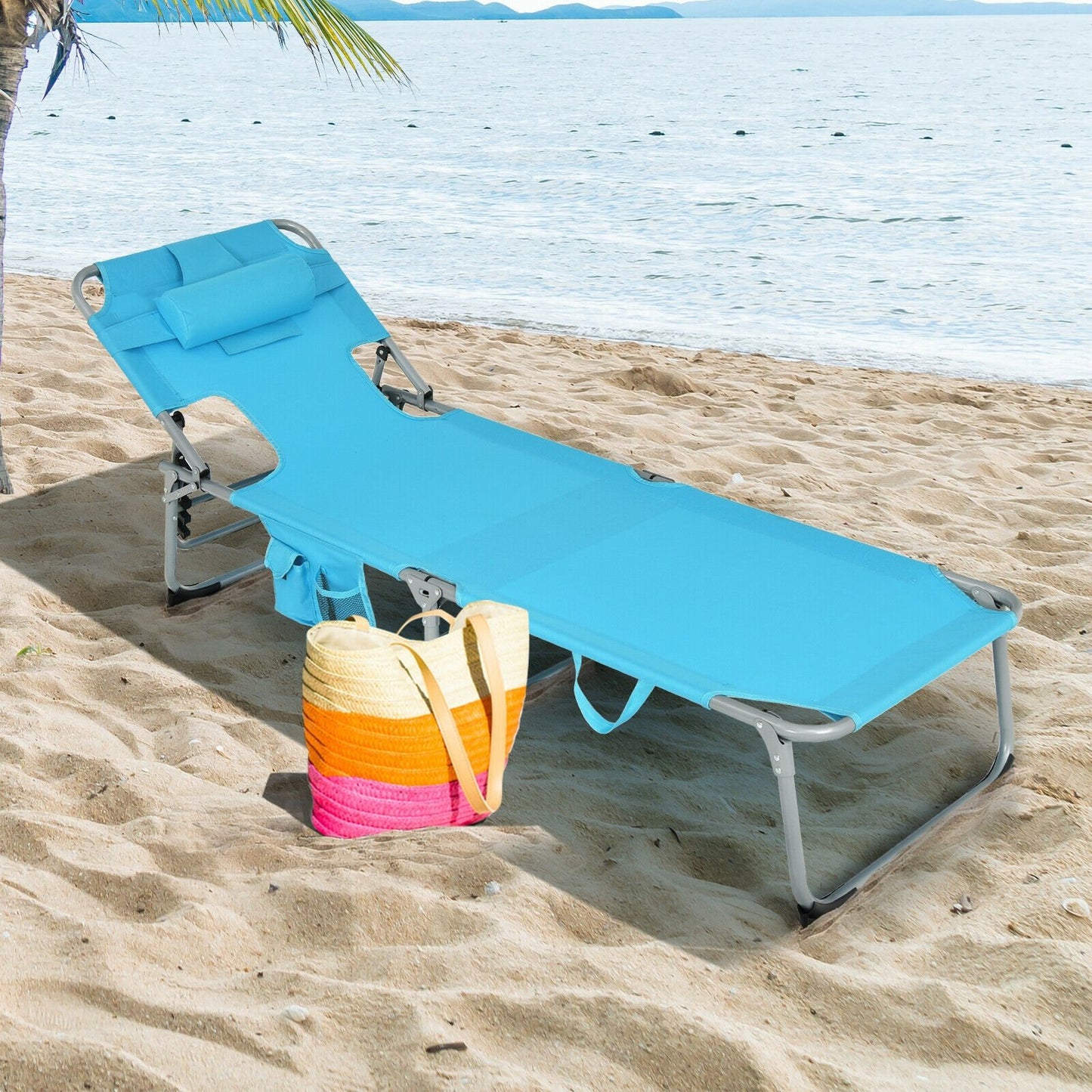 Folding Beach Lounge Chair with Pillow for Outdoor-Beige