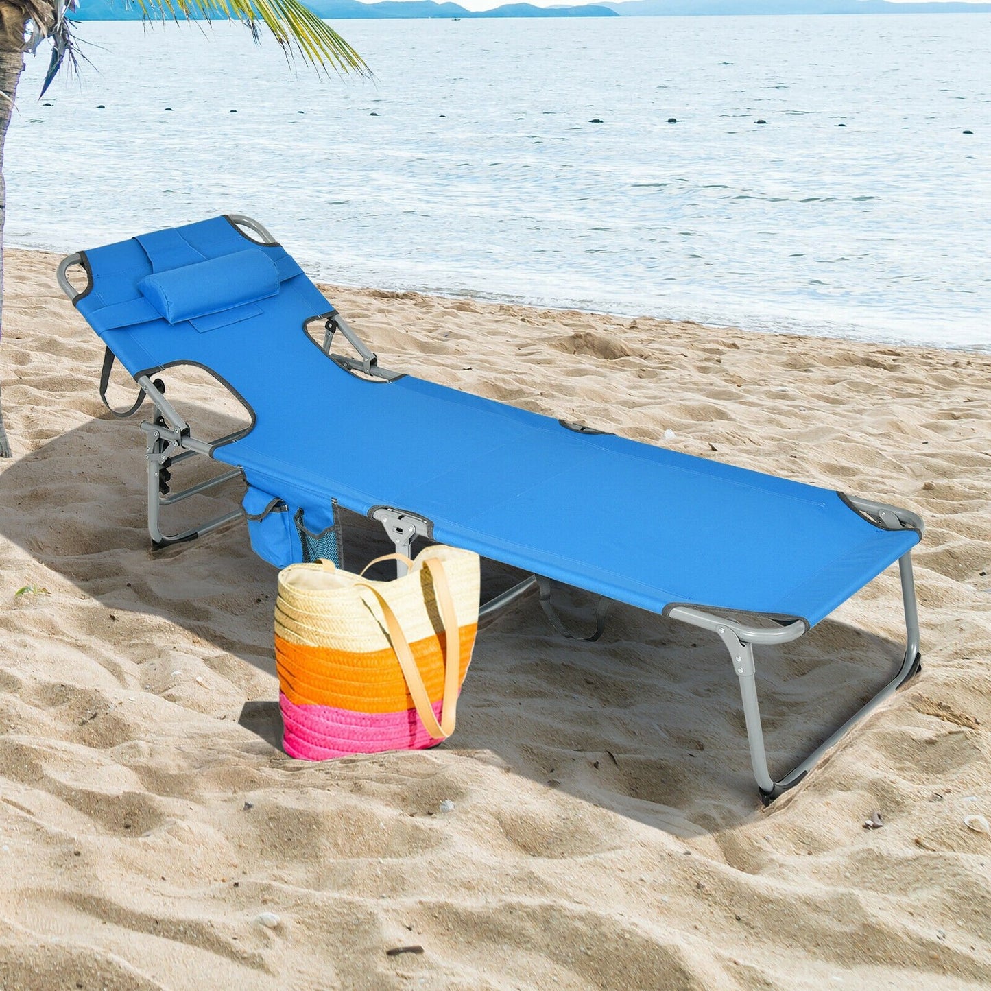 Folding Beach Lounge Chair with Pillow for Outdoor-Beige