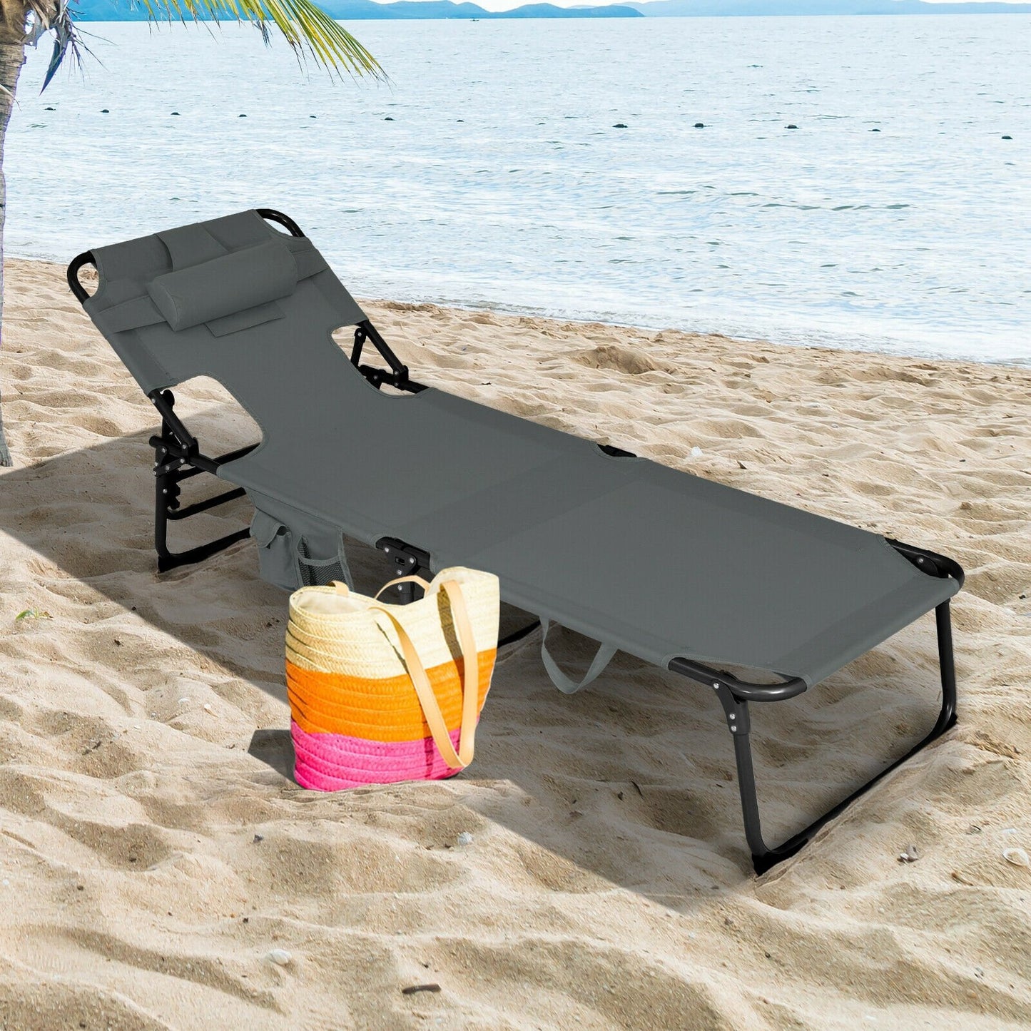 Folding Beach Lounge Chair with Pillow for Outdoor-Beige