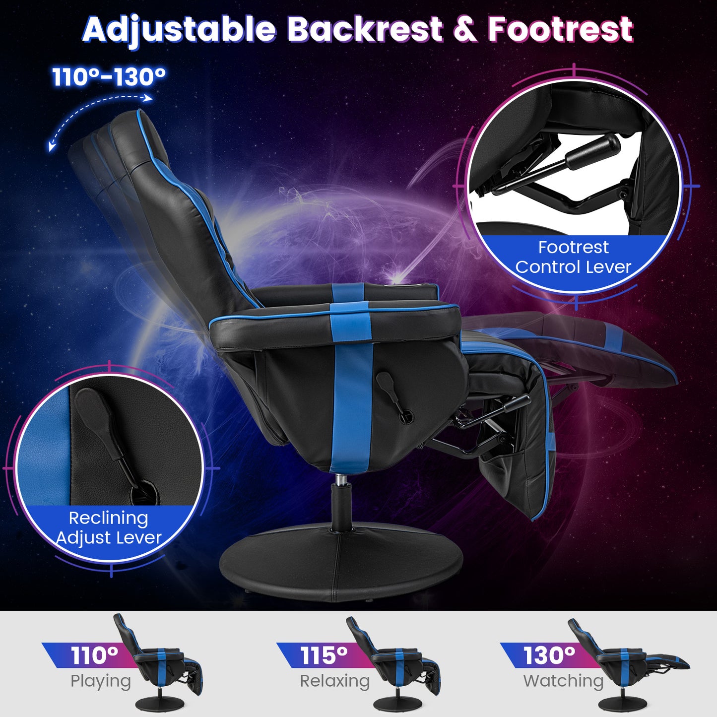 Massage Video Gaming Recliner Chair with Adjustable Height-Blue