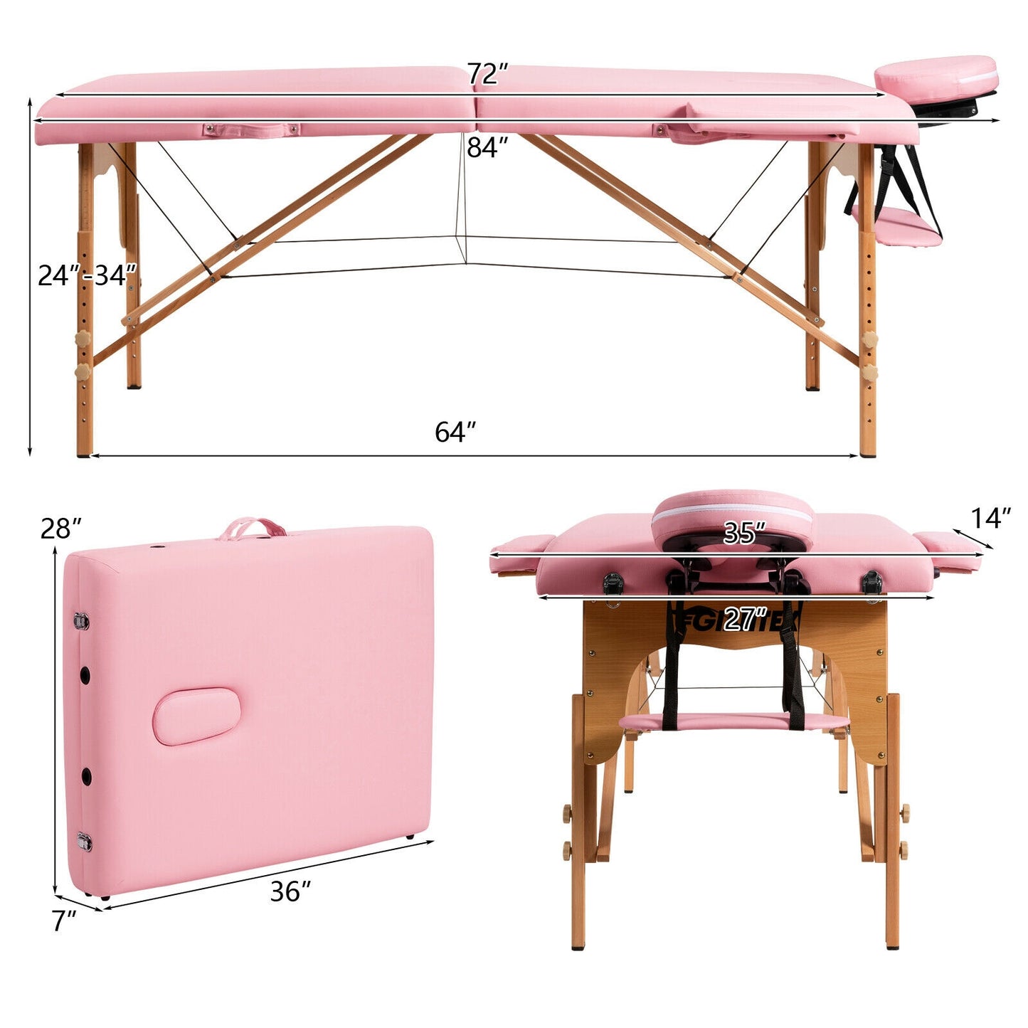 Portable Adjustable Facial Spa Bed with Carry Case-Pink