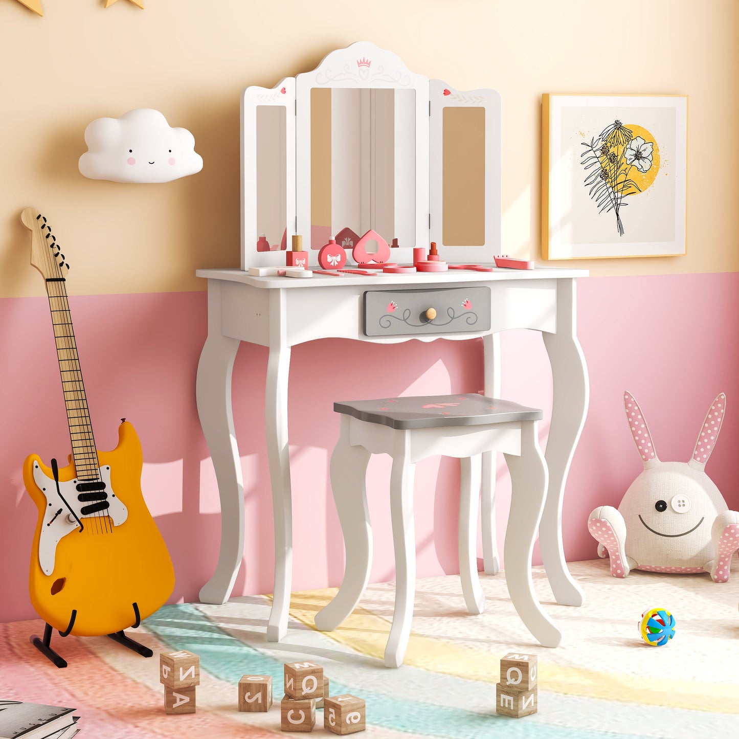 Kids Vanity Set with Tri-folding Mirror-Green