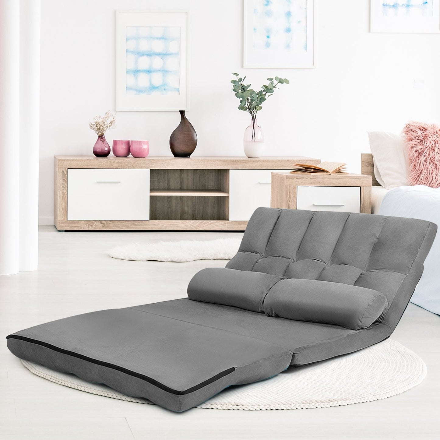 Foldable Floor 6-Position Adjustable Lounge Couch-Beige