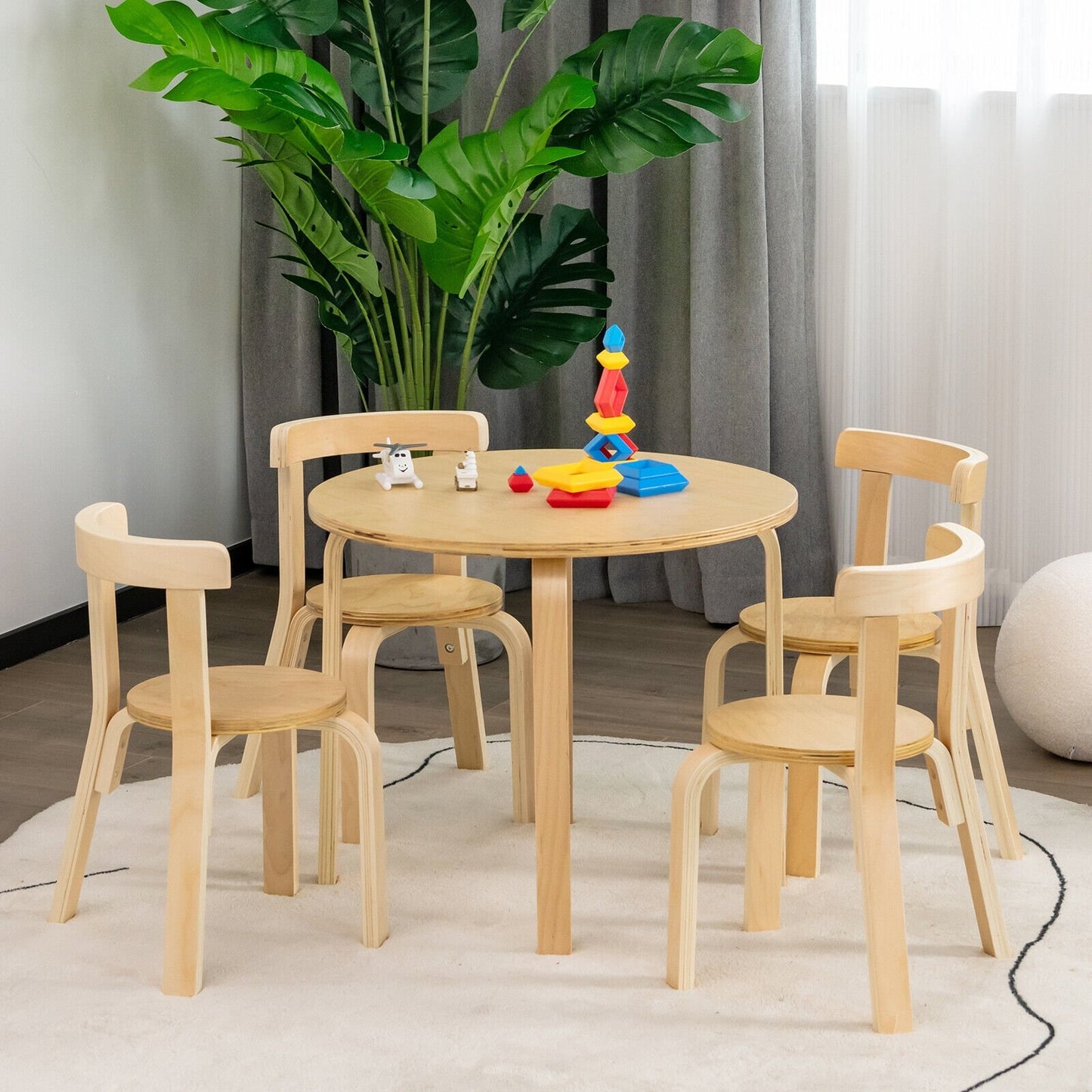 5-Piece Kids Wooden Curved Back Activity Table and Chair Set with Toy Bricks-Gray
