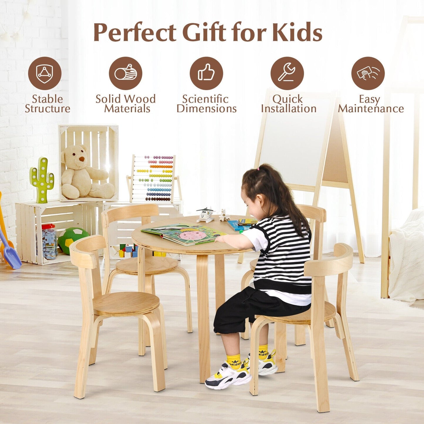 5-Piece Kids Wooden Curved Back Activity Table and Chair Set with Toy Bricks-Gray