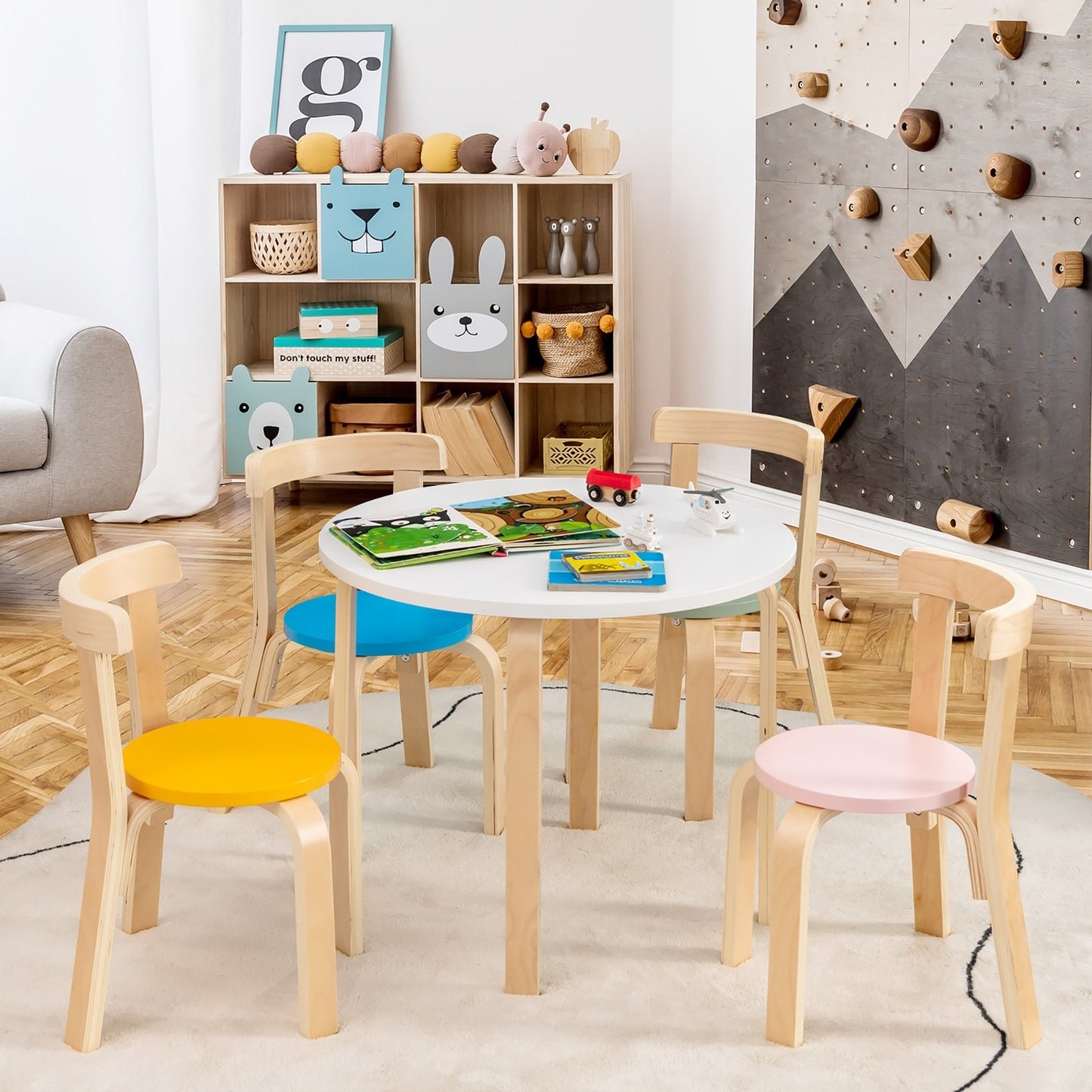 5-Piece Kids Wooden Curved Back Activity Table and Chair Set with Toy Bricks-Gray