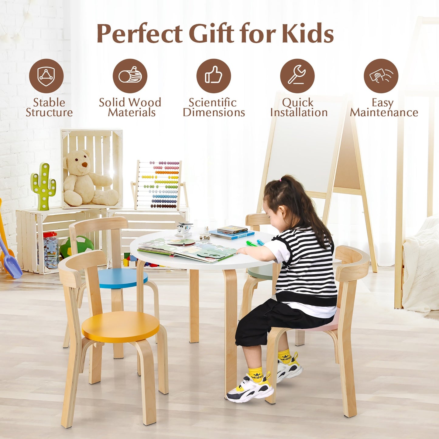 5-Piece Kids Wooden Curved Back Activity Table and Chair Set with Toy Bricks-Gray